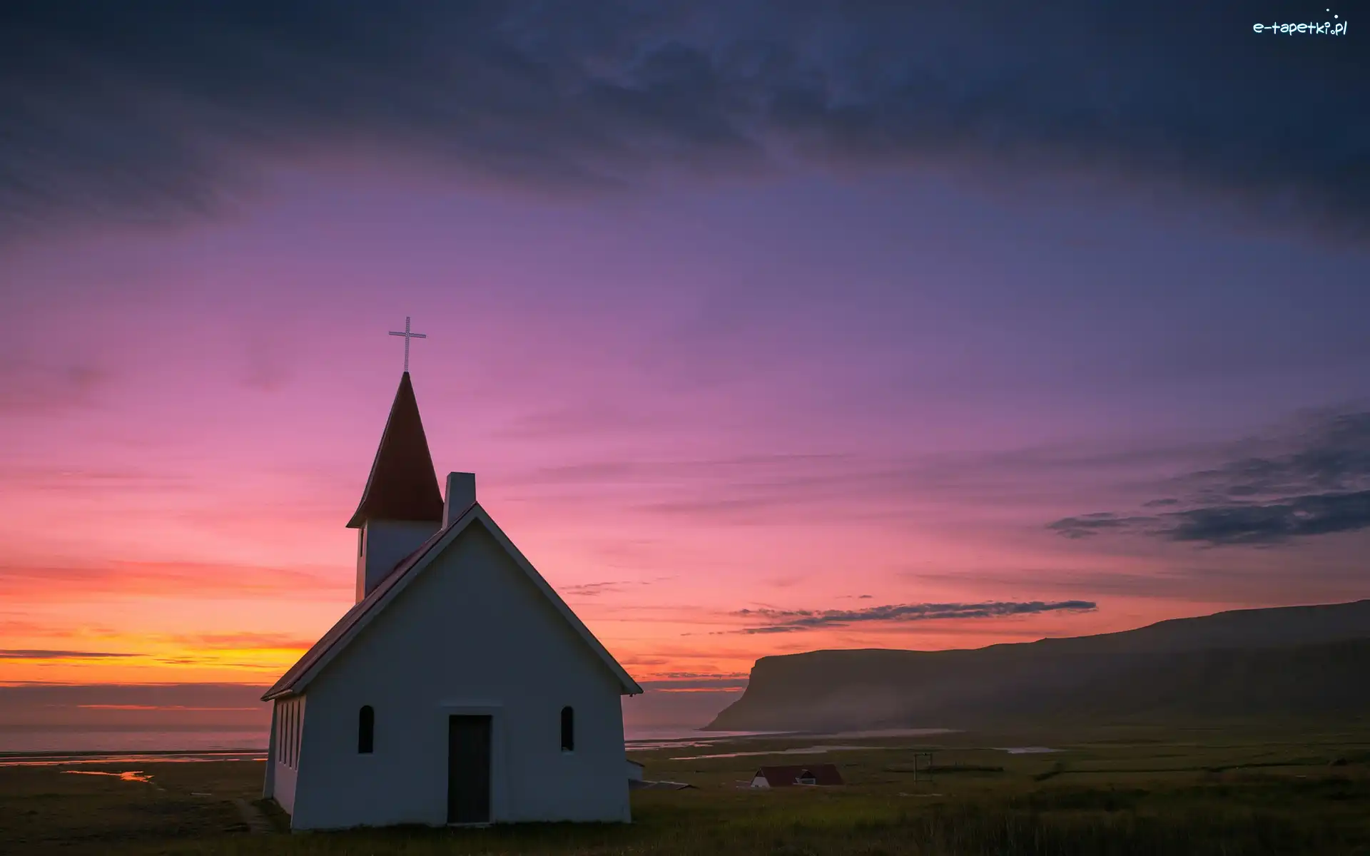 Islandia, Kościół, Wybrzeże, Słońca, Zachód