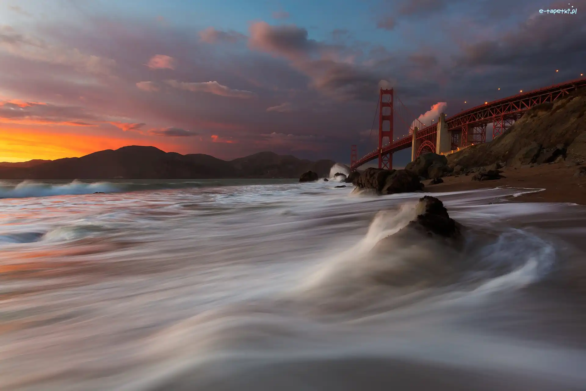 Słońca, Morze, Zachód, San Francisco, Golden Gate, Most