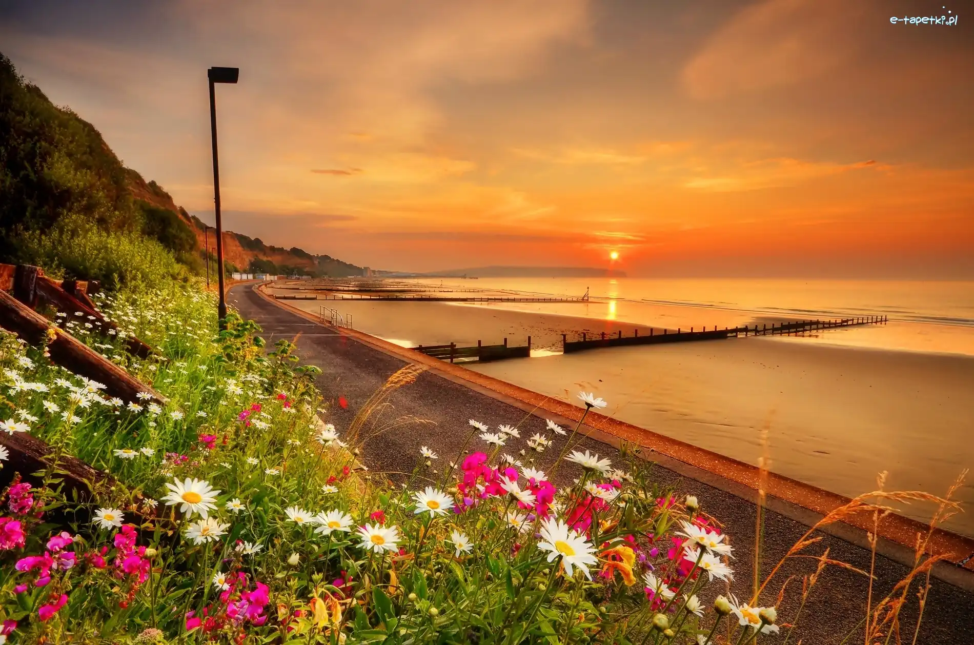 Wschód Słońca, Plaża, Morze, Anglia, Sandown Bay, Zatoka