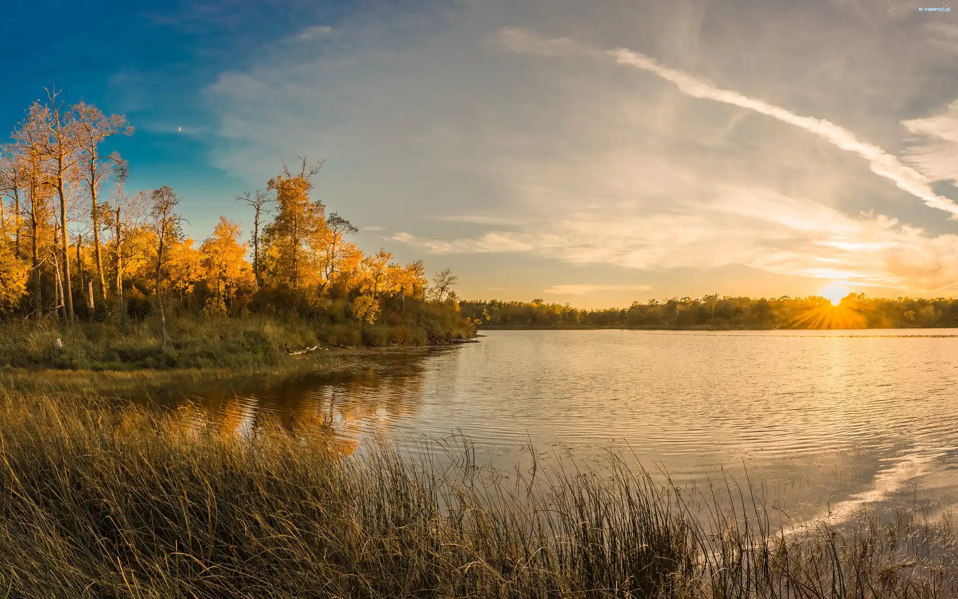 Jesień, Słońca, Wschód, Las, Jezioro