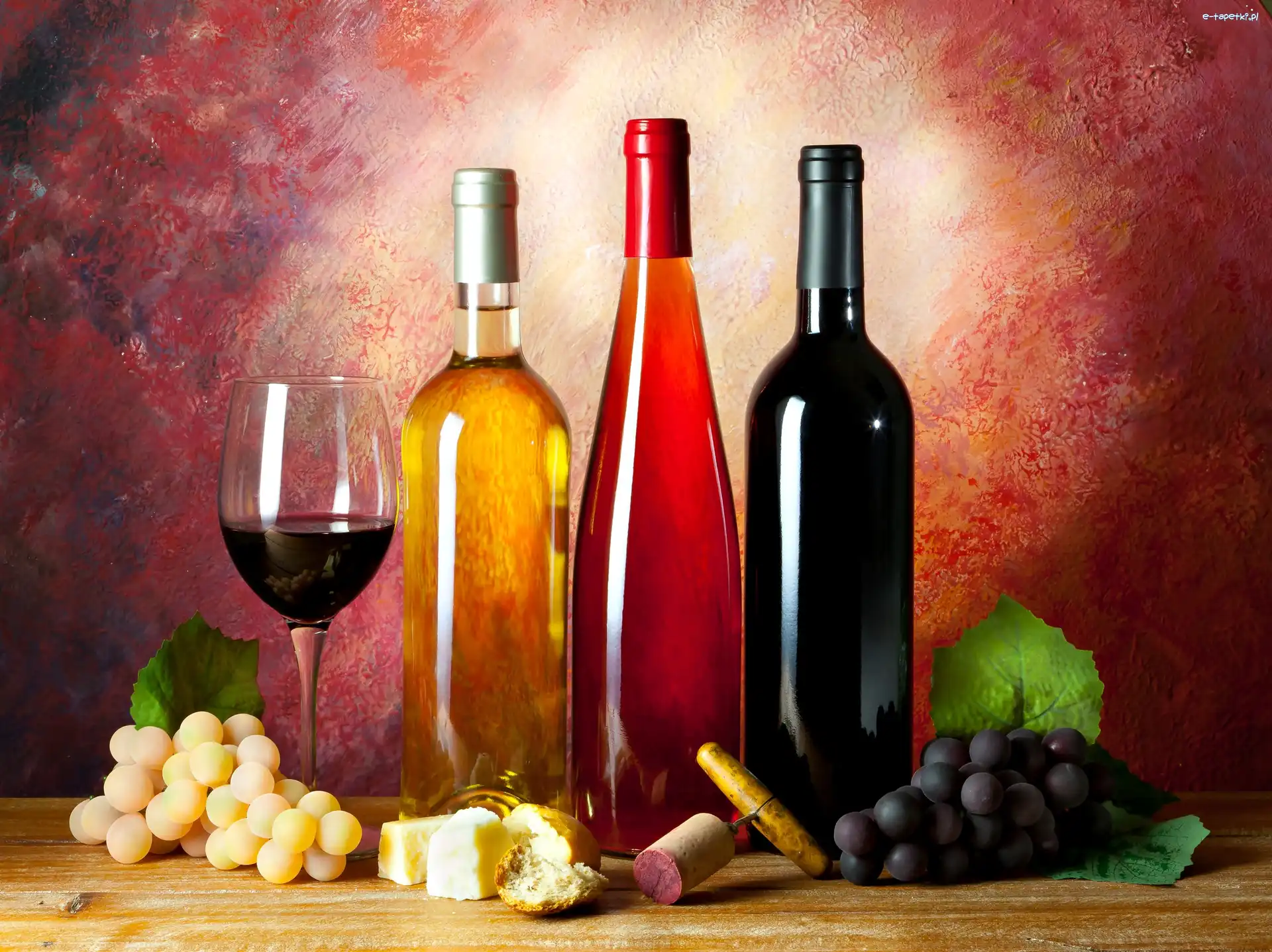 Butelki, Winogrona, Kieliszek, Wino