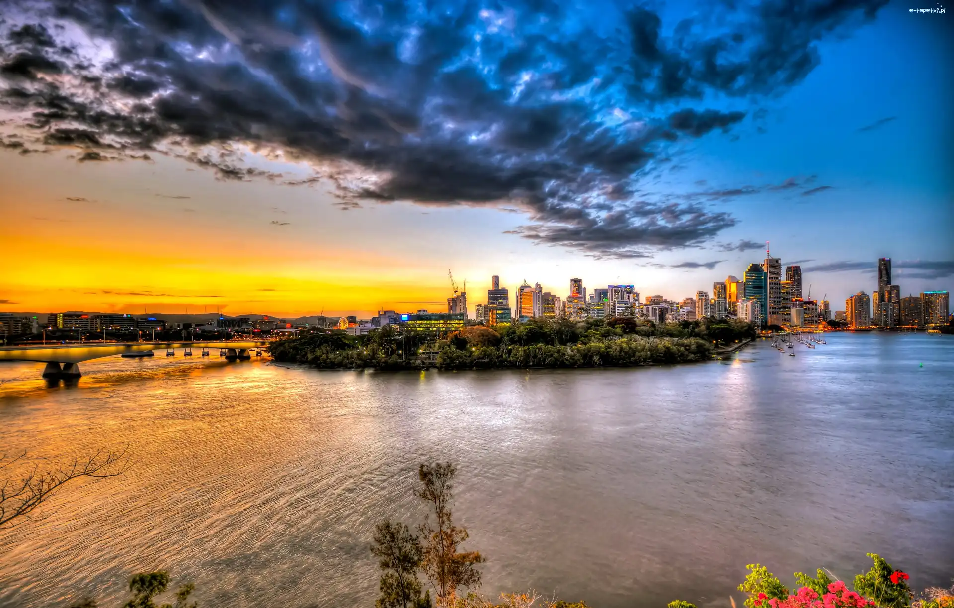 Most, Ujście Rzeki, Wybrzeże, Miasto, Brisbane, Ocean, Słońca, Australia, Zachód