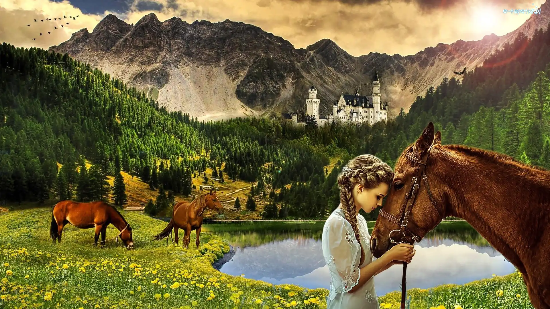 Jezioro, Łąka, Fantasy, Lasy, Konie, Góry, Zamek, Dziewczyna