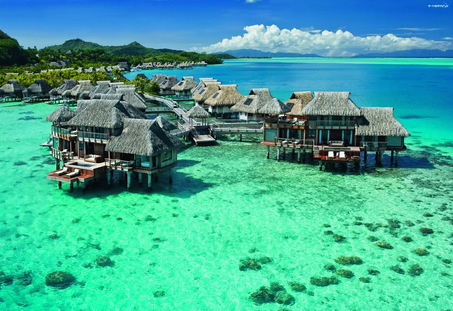 Bora-Bora, Domki, Morze, Polinezja Francuska