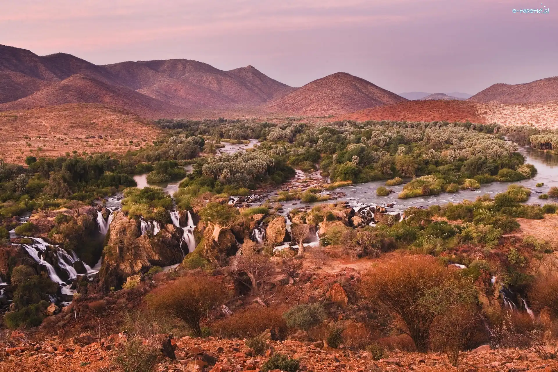 Roślinność, Wzgórza, Rzeka, Namibia, Afryka, Drzewa, Wodospady