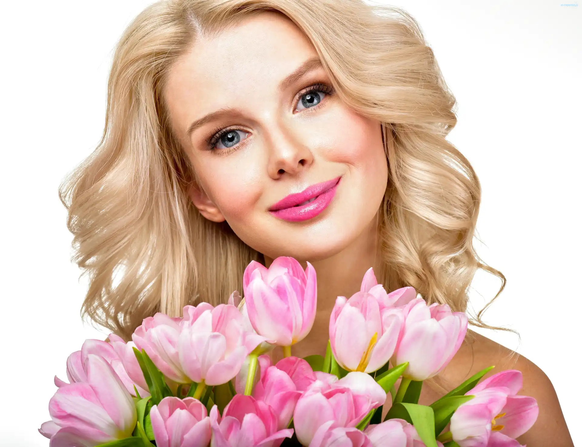 Kobieta, Tulipany, Makijaż, Uśmiechnięta