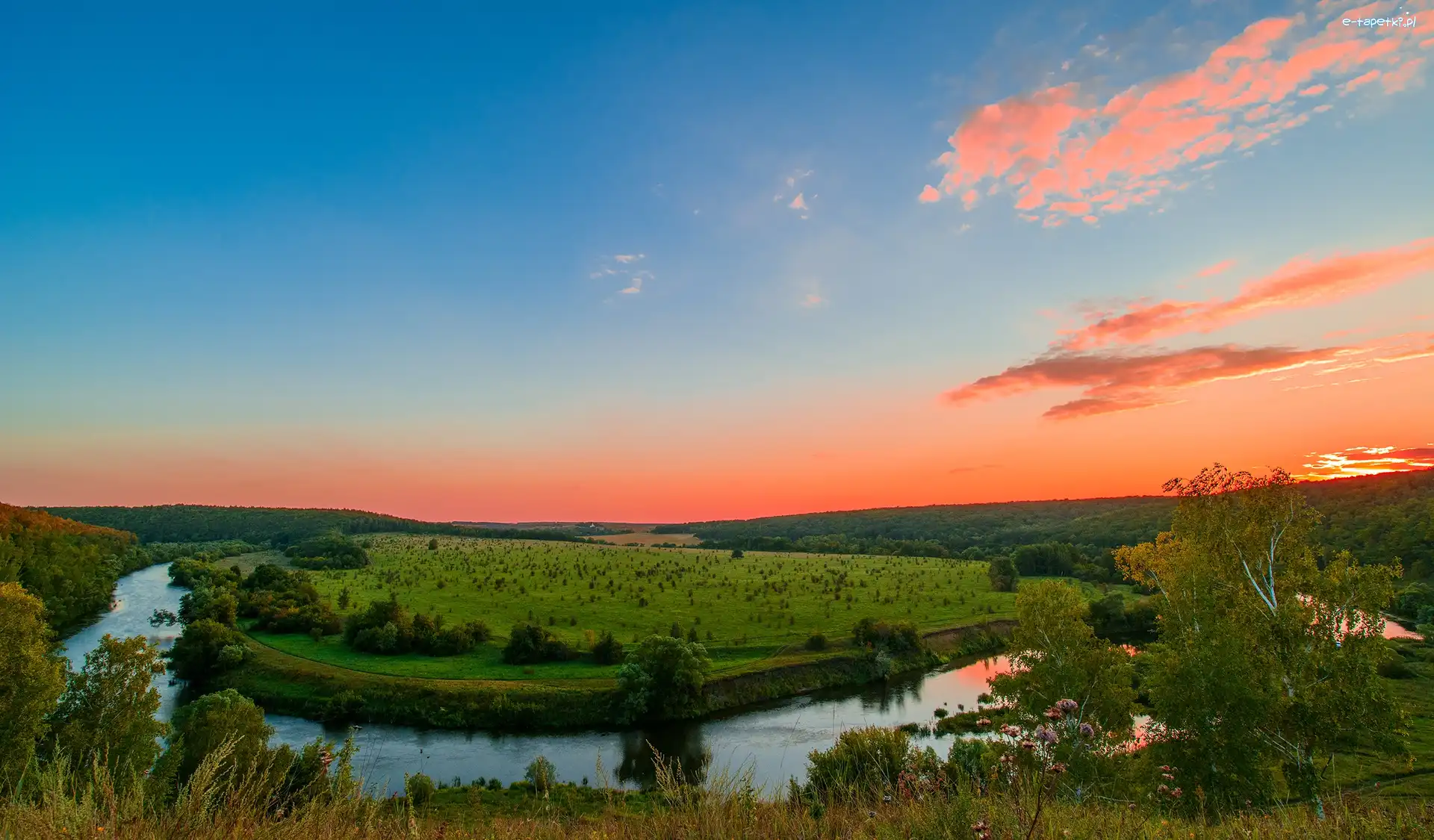 Wzgórza, Drzewa, Rzeka, Słońca, Zachód