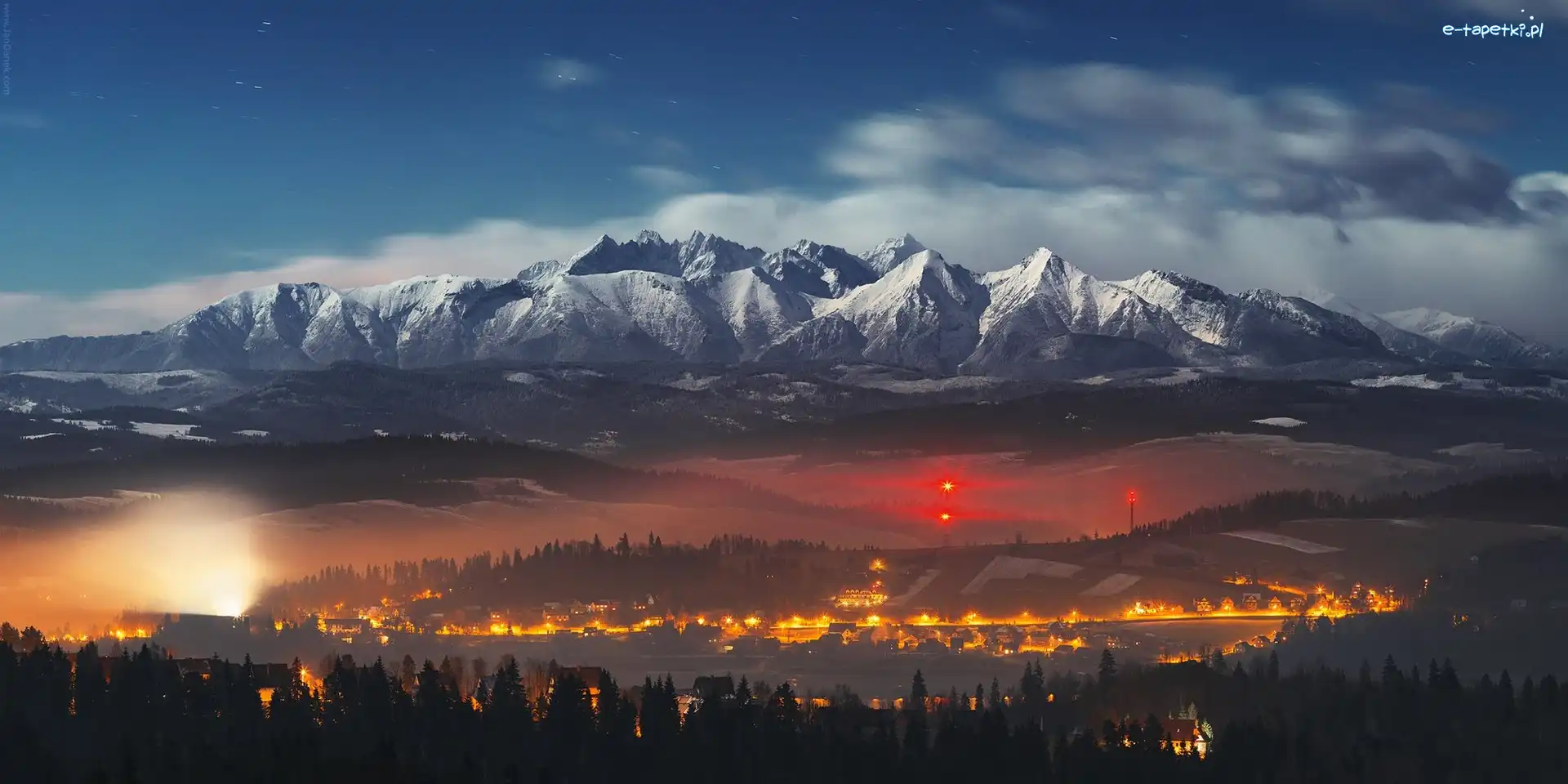Góry, Noc, Tatry, Drzewa, Domy
