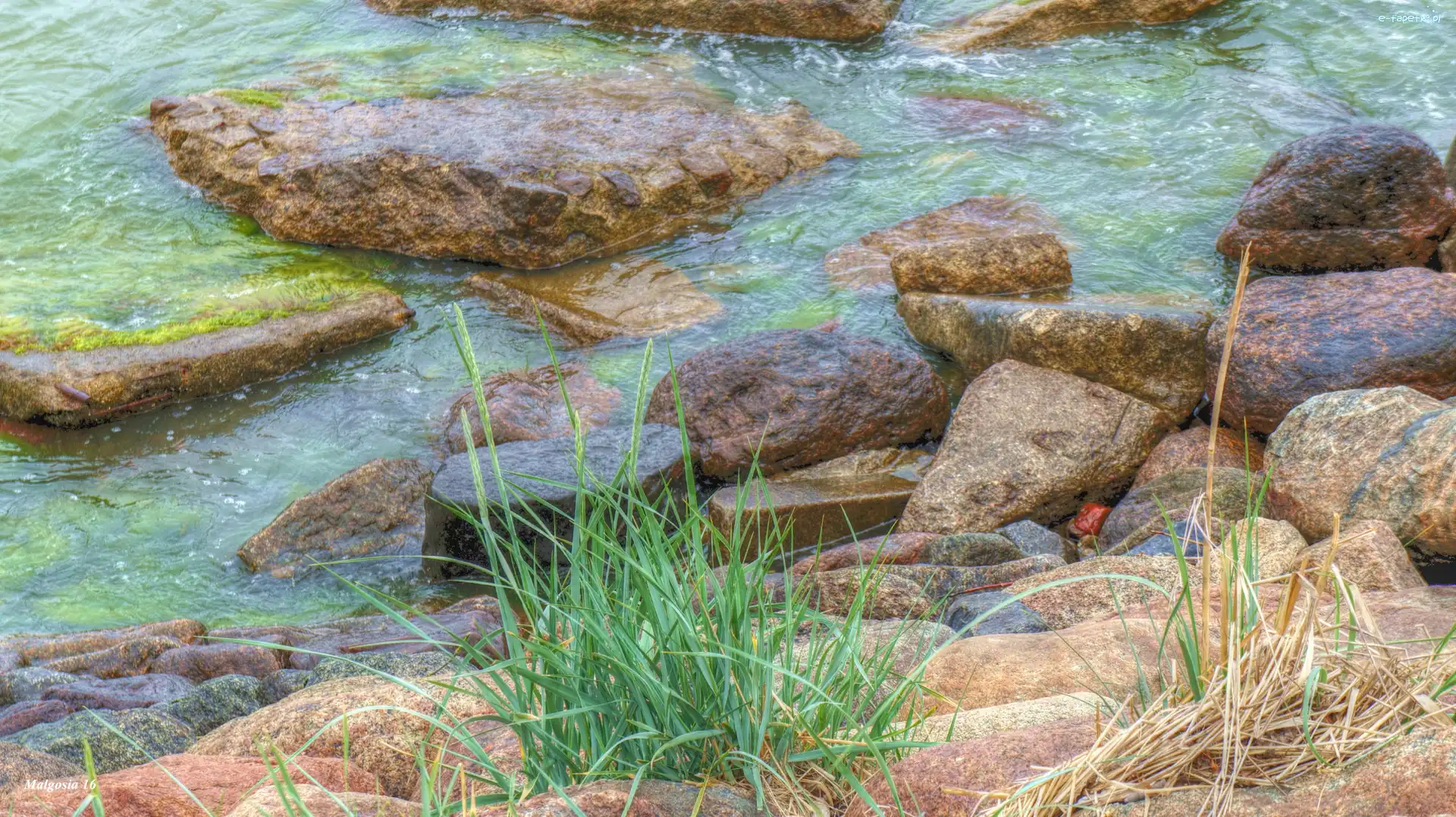 Kamienie, Jezioro, Woda, HDR, Trawa