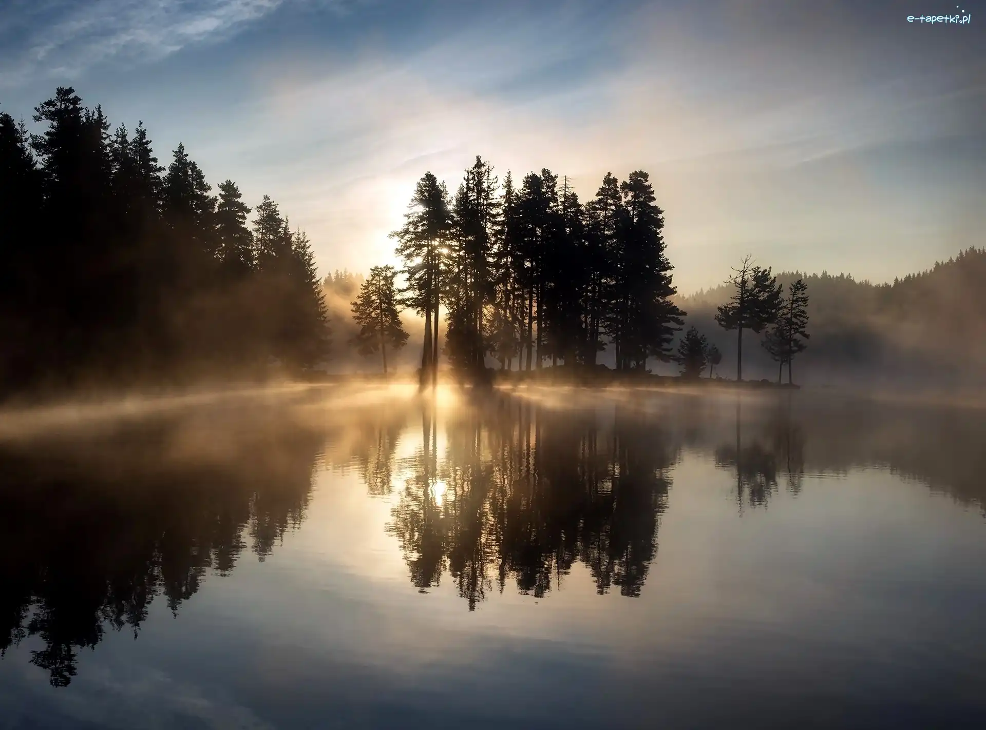 Jezioro, Mgła, Drzewa, Wschód słońca, Odbicie