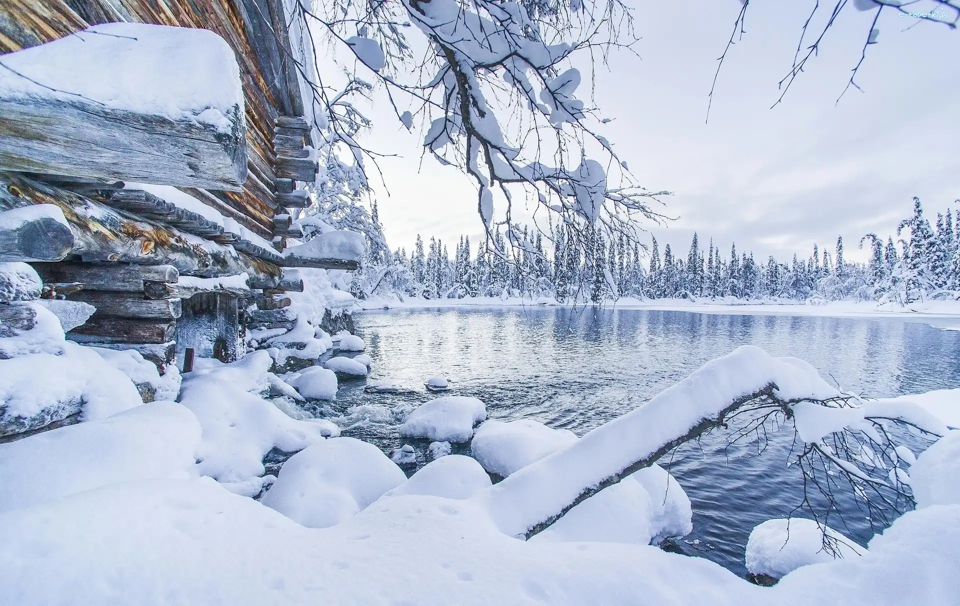 Drzewa, Jezioro, Dom, Śnieg