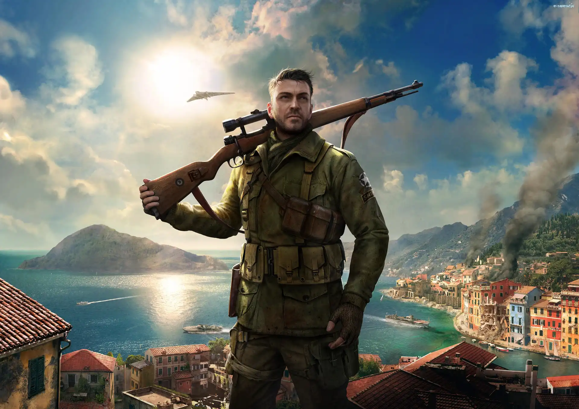 Miasto, Żołnierz, Dym, Statki, Karabin, Słońce, Samolot, Sniper Elite 4