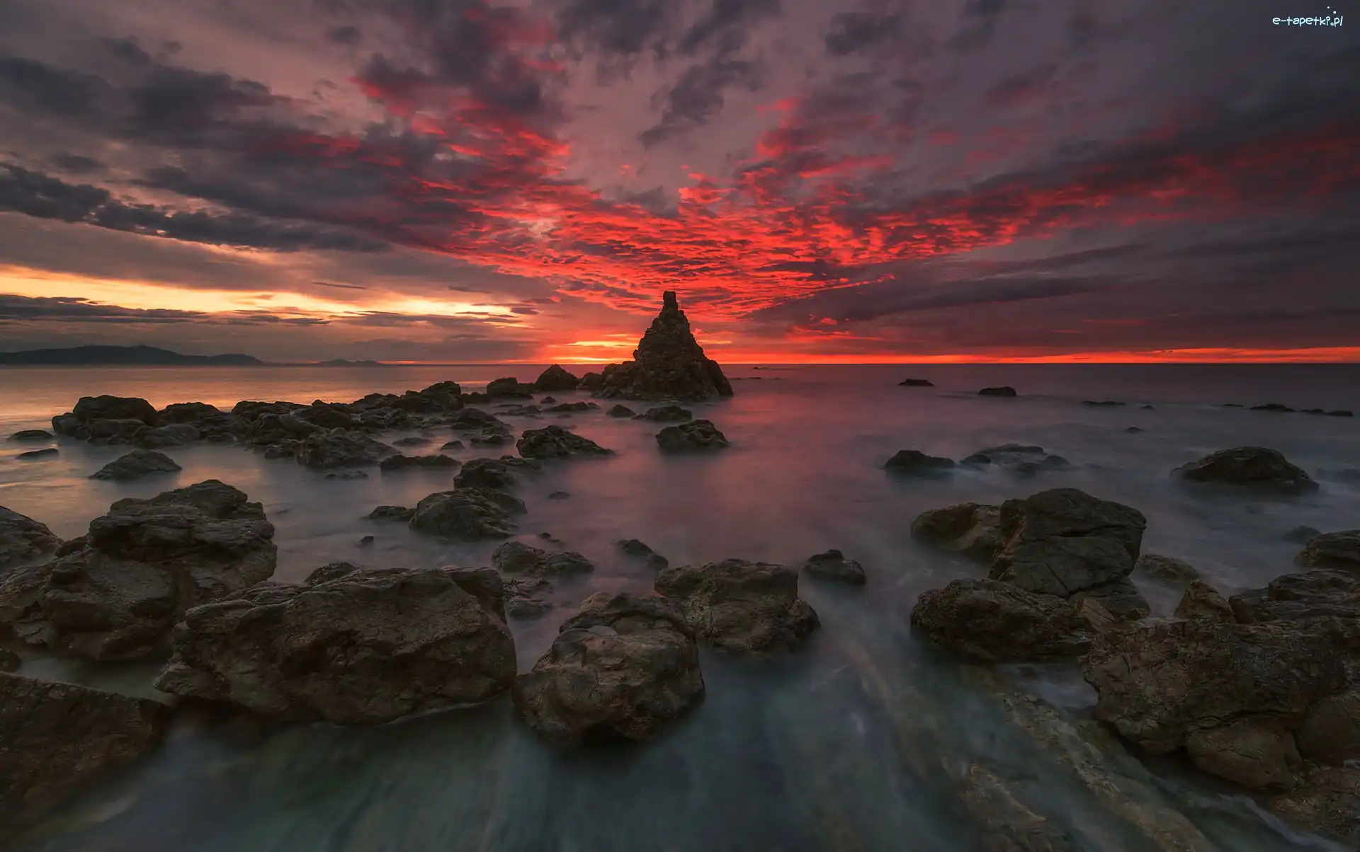 Zachód słońca, Skały, Ocean