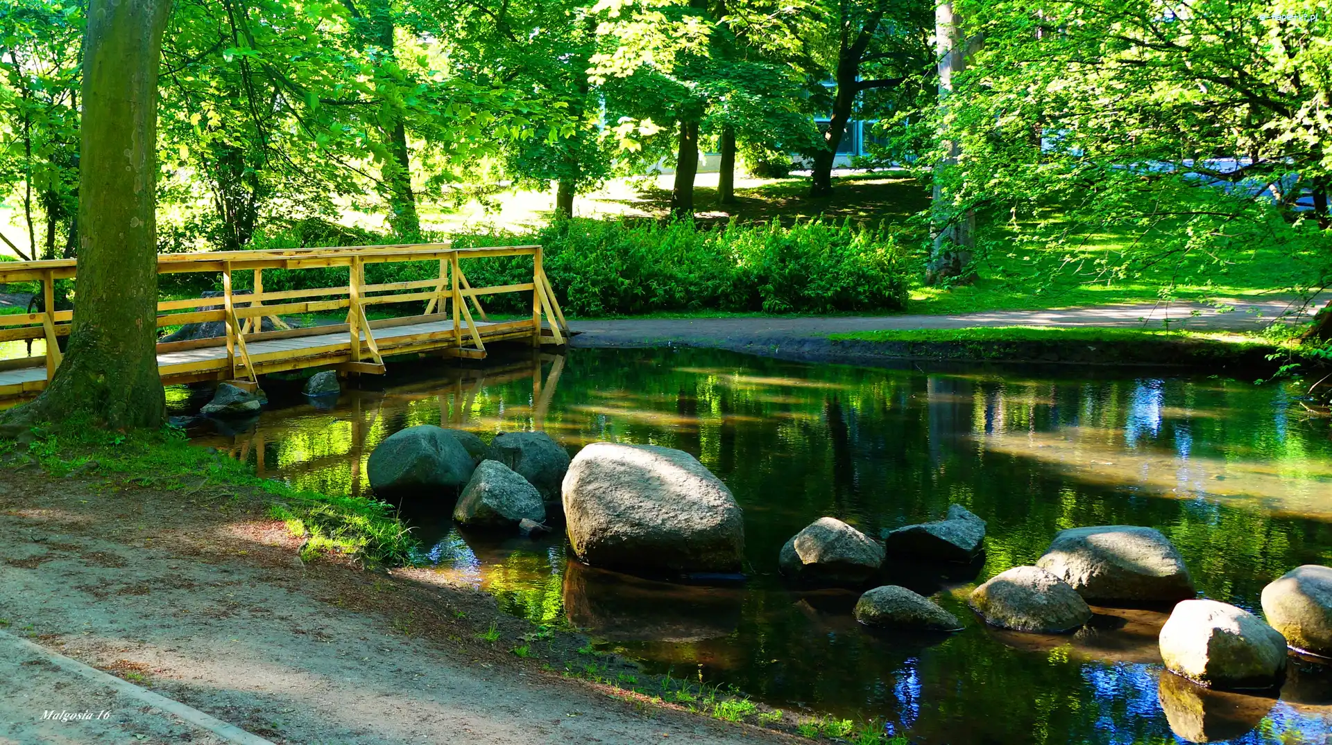 Zieleń, Woda, Mostek, Staw, Park, Drzewa, Kamienie