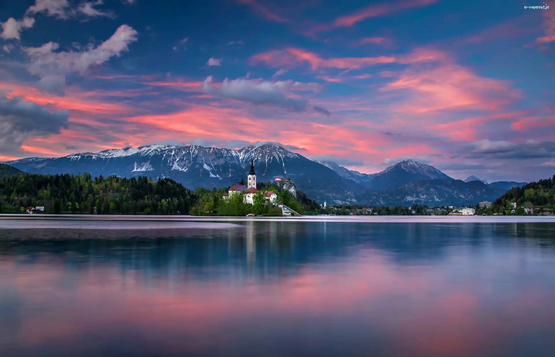 Świt, Bled, Kościół, Słowenia, Jezioro, Góry