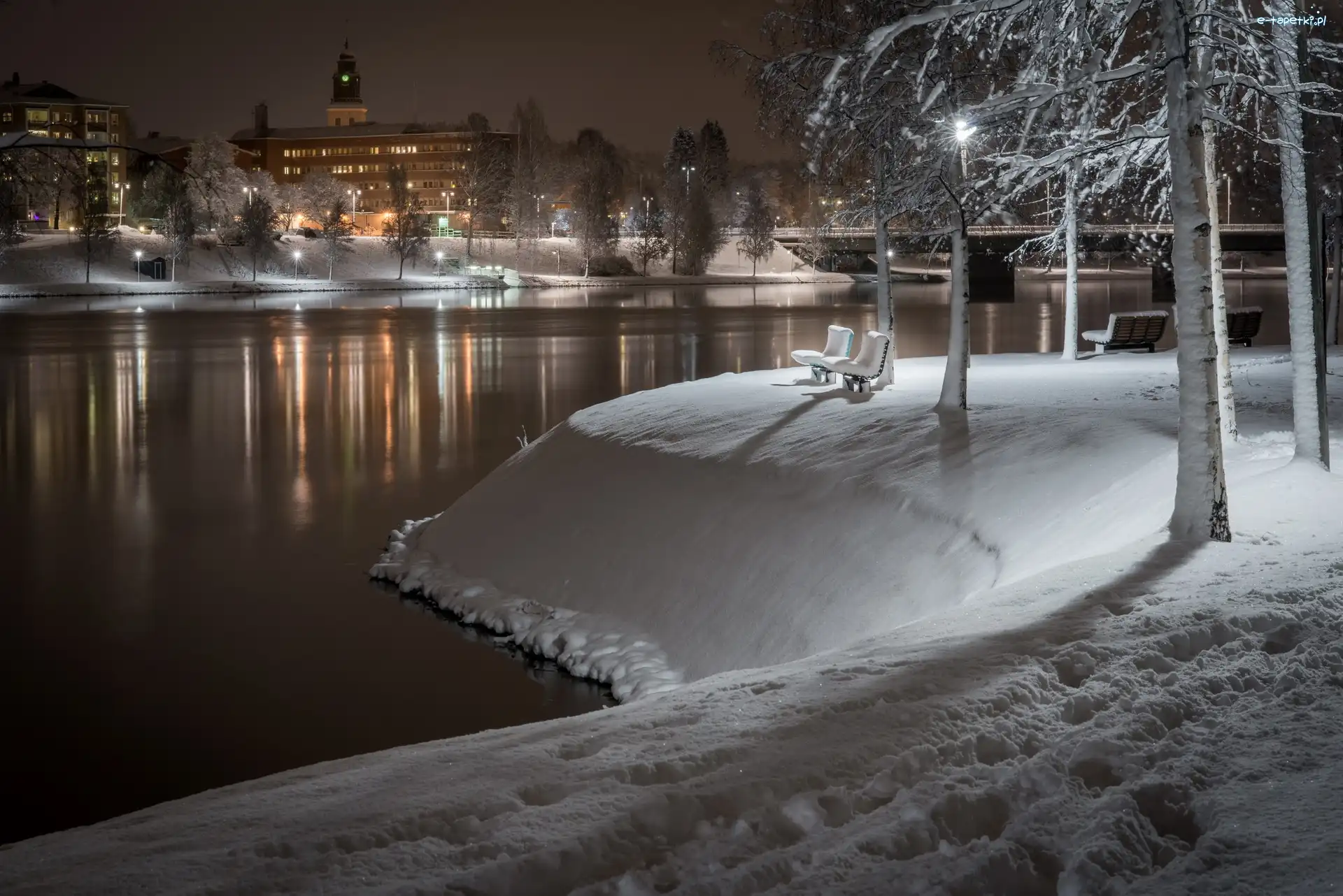 Zima, Ławeczki, Park, Noc, Miasto