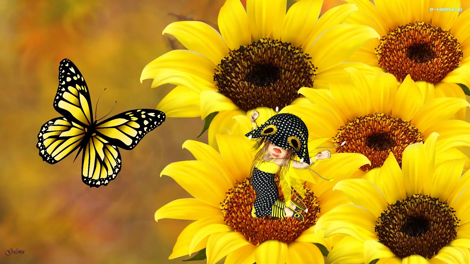 Laleczka, Grafika, Motyl, Słoneczniki