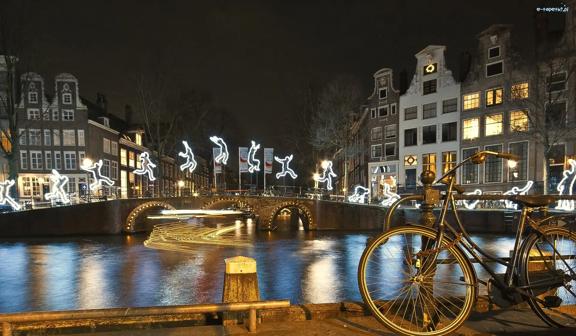 Amsterdam, Rower, Budynki, Rzeka, Miasto, Neony, Most