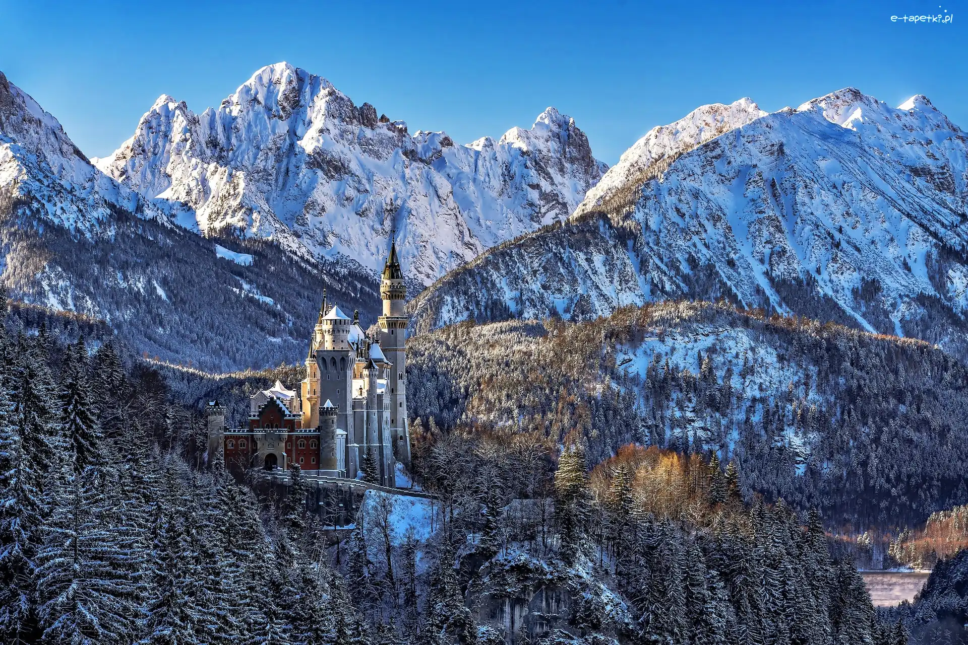 Zamek, Zima, Neuschwanstein, Bawaria, Góry