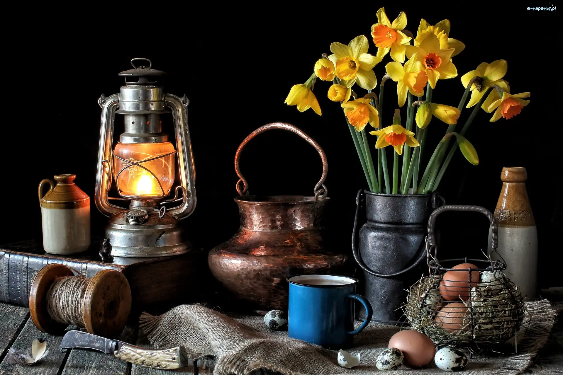 Vintage, Bukiet, Lampa, Naczynia, Kamionki