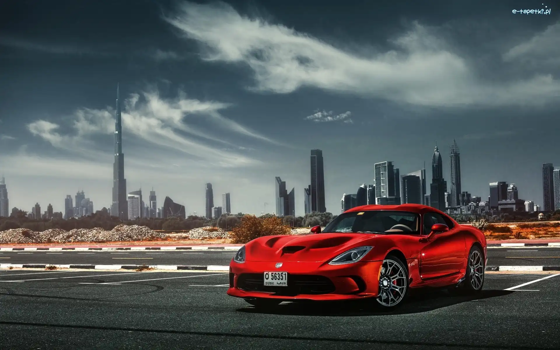 Sportowy, Dubaj, Burj Khalifa, Viper, Czerwony, Samochód, Dodge, Miasto