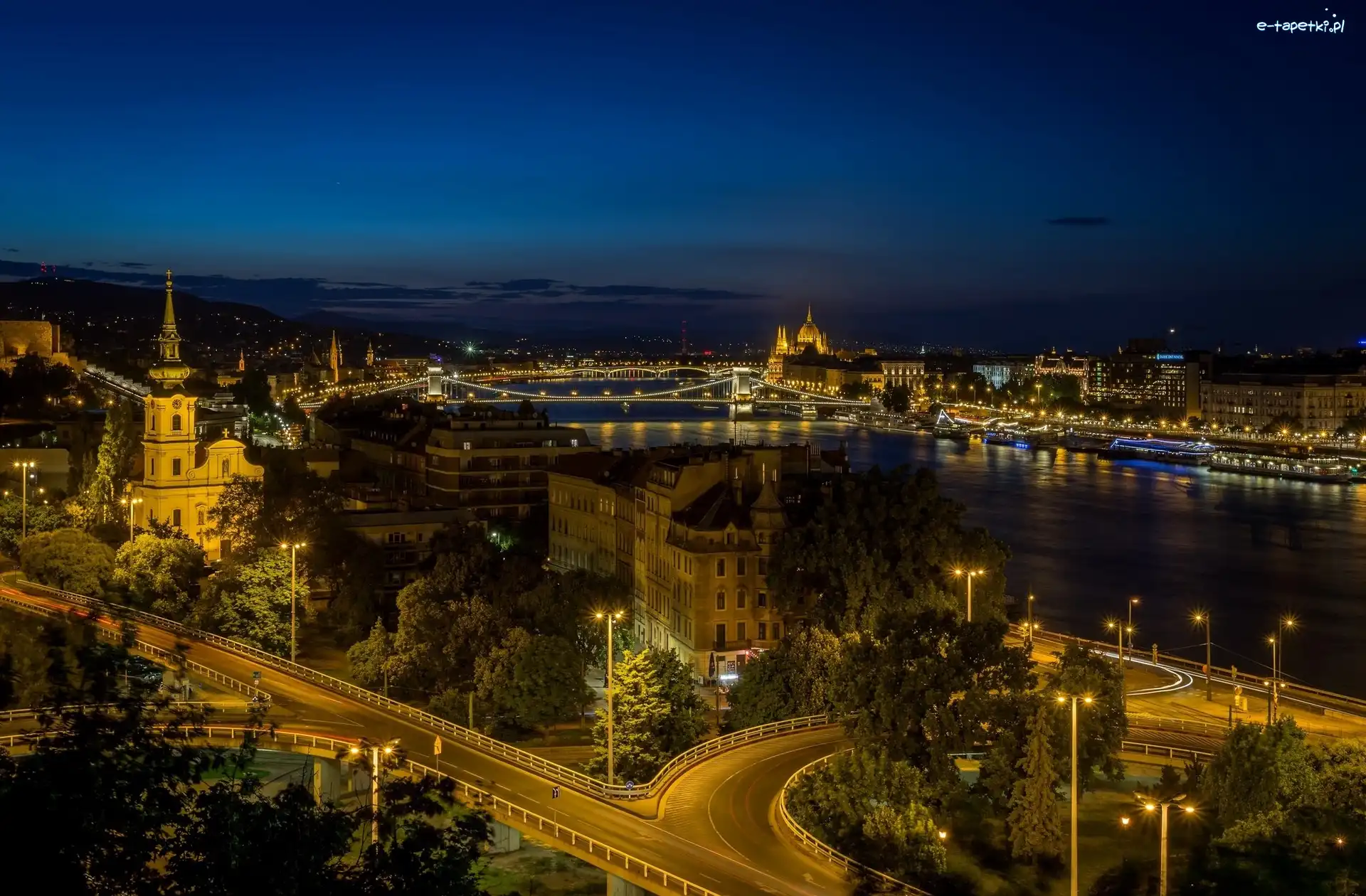 Węgry, Rzeka, Domy, Nocą, Miasto, Budapeszt, Most
