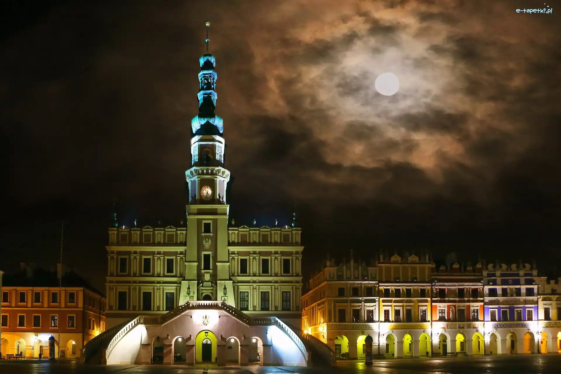 Zamość, Rynek, Ratusz, Neony, Noc