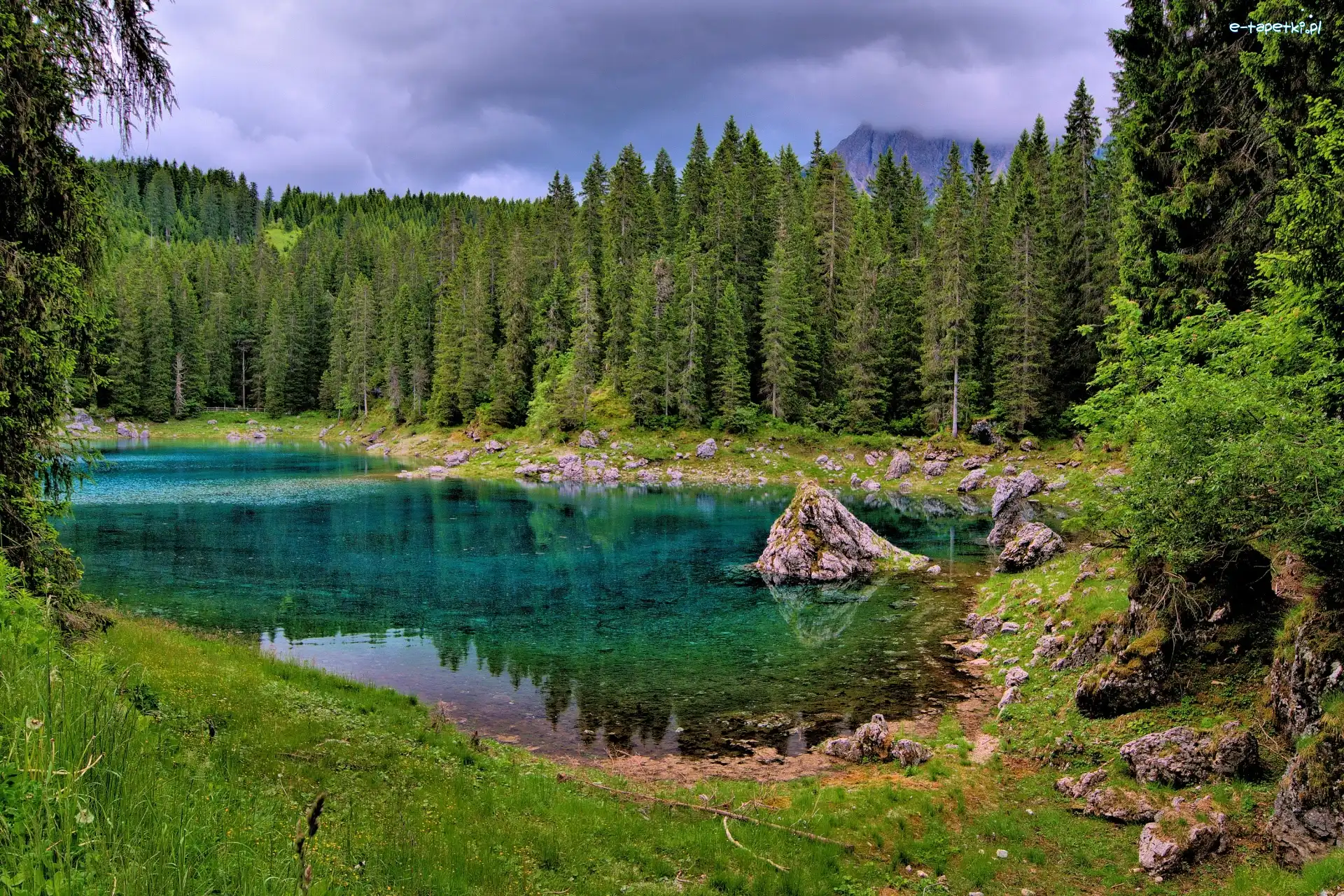 Kamienie, Trawa, Drzewa, Jezioro