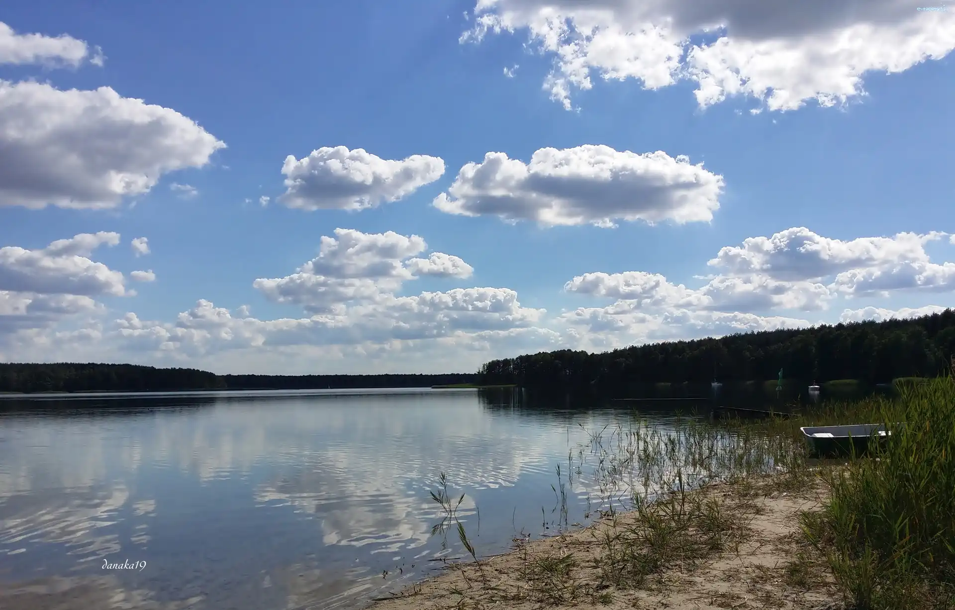 Łódka, Brzeg, Lato, Odbicie, Szuwary, Niebo, Chmury, Jezioro