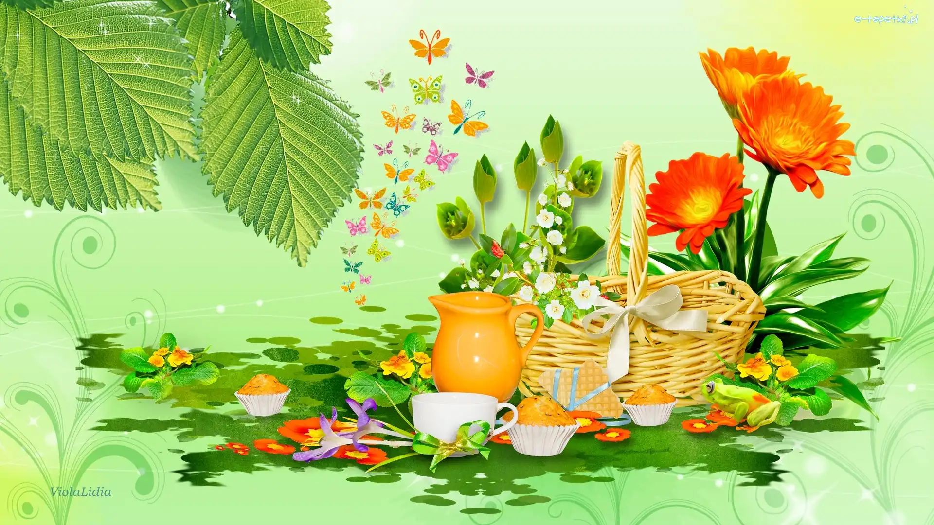 Grafika, Motyle, Kwiaty, Piknik, Koszyk