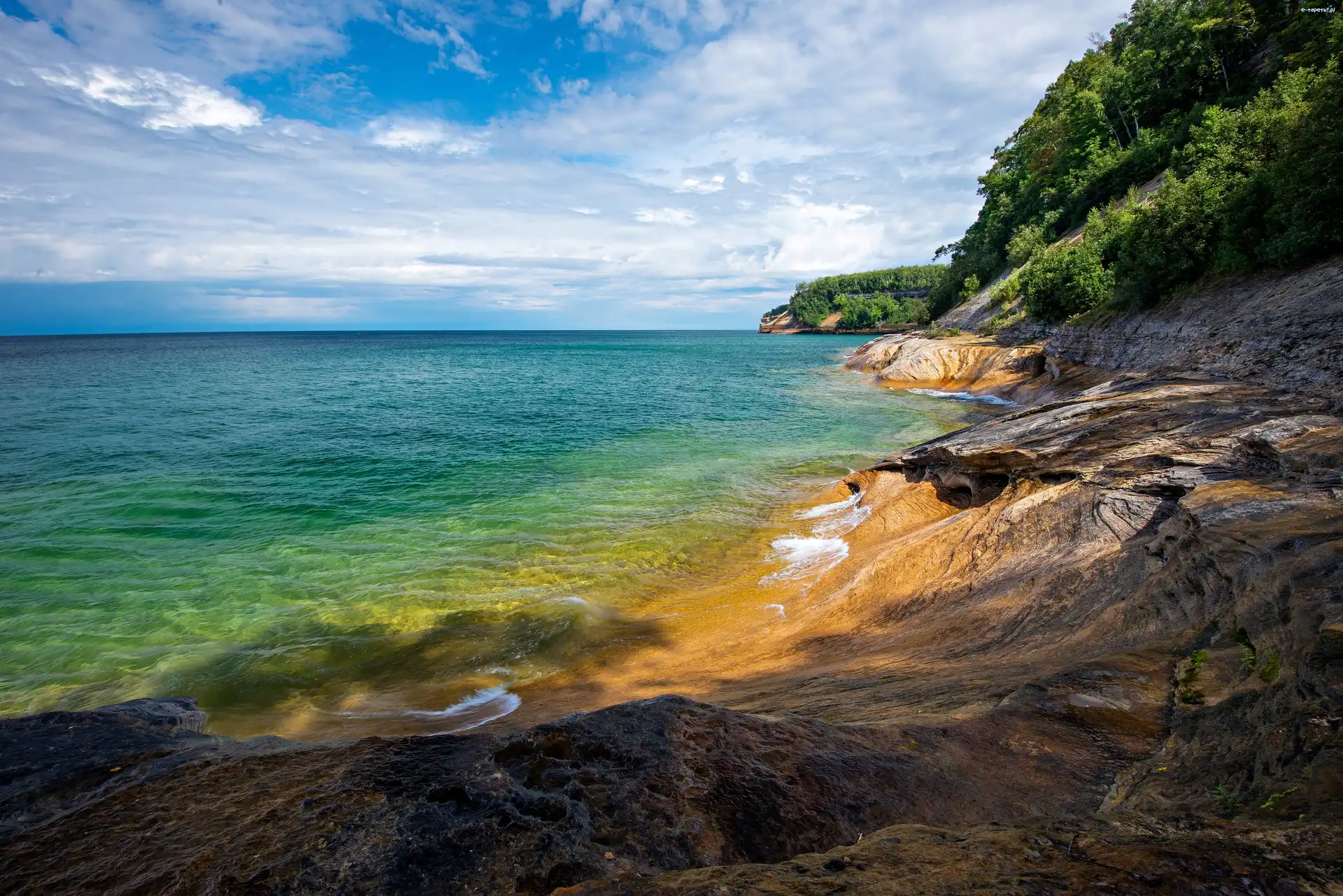 Horyzont, Morze, Brzeg, Michigan, USA, Wybrzeże, Skaliste