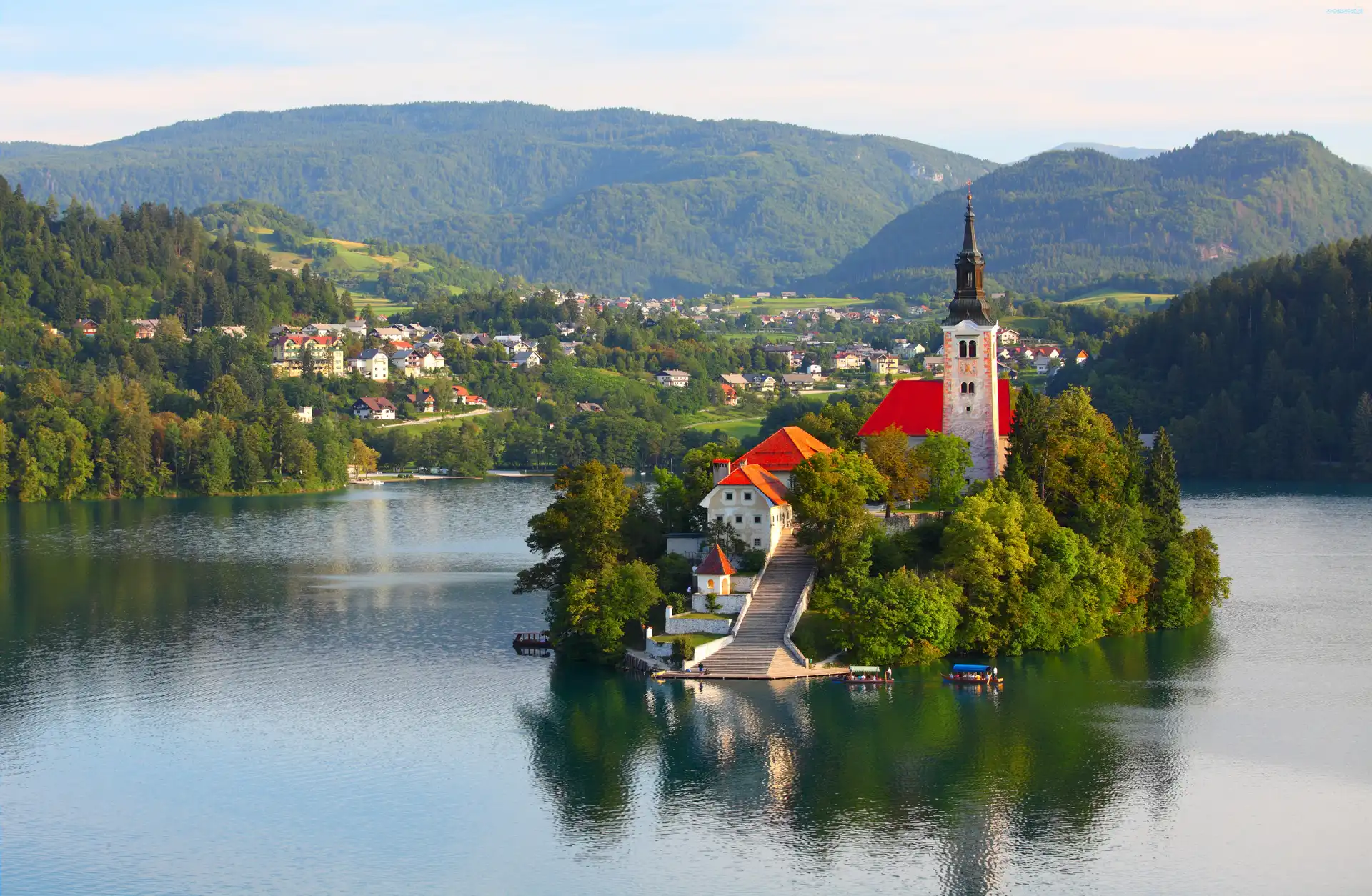 Słowenia, Drzewa, Jezioro Bled, Kościół, Wyspa Blejski Otok
