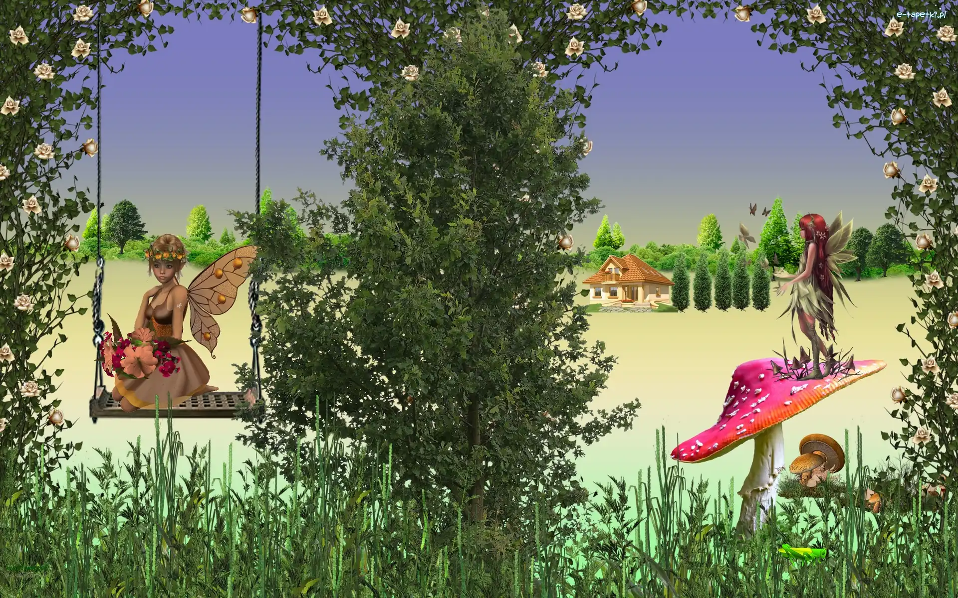 Grafika, Laleczki, Drzewa, Kwiaty, Trawa