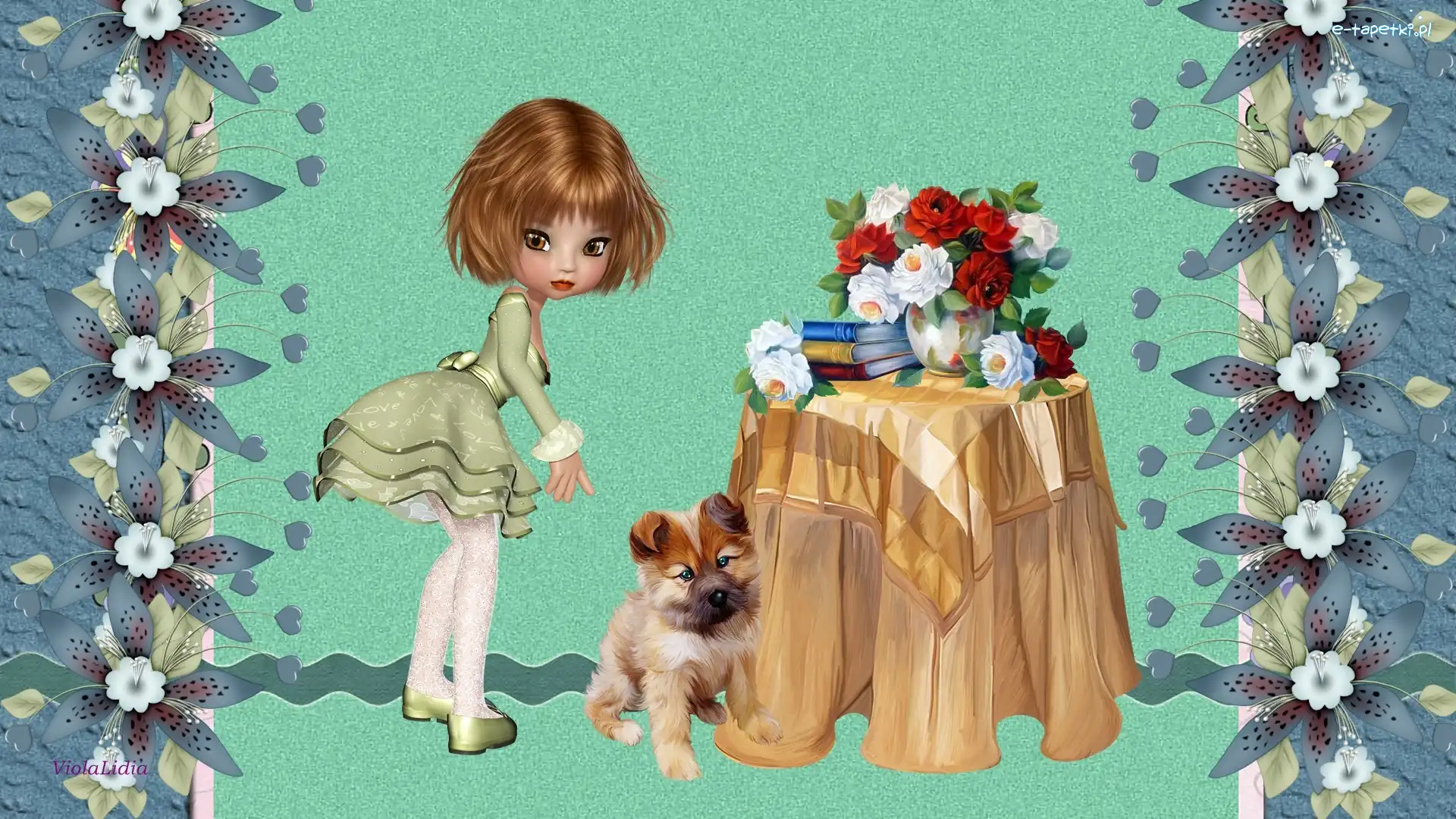 Kwiaty, Stół, Książki, Pies, Laleczka, Grafika