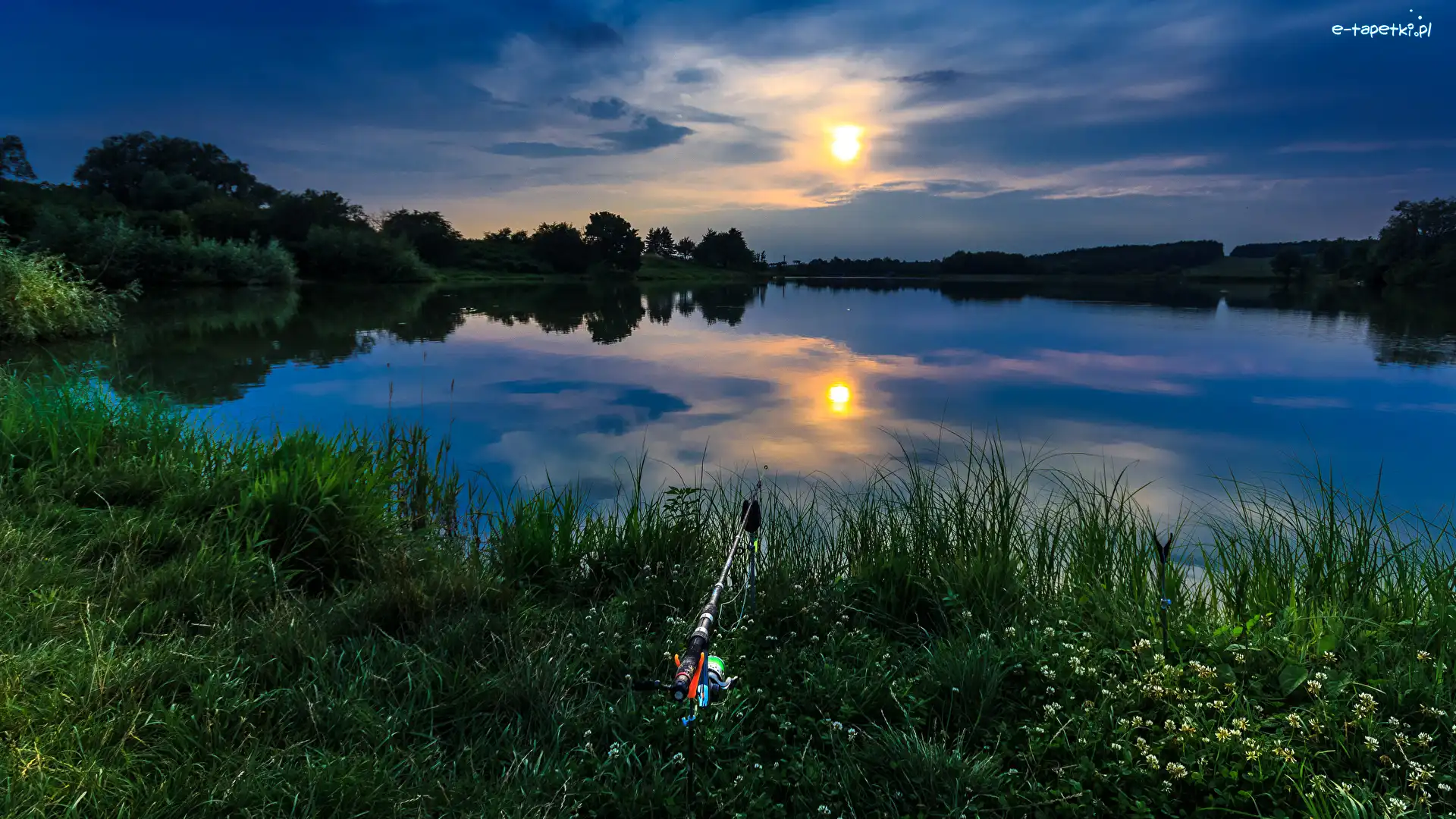 Wschód, Drzewa, Poranek, Słońca, Wędka, Jezioro