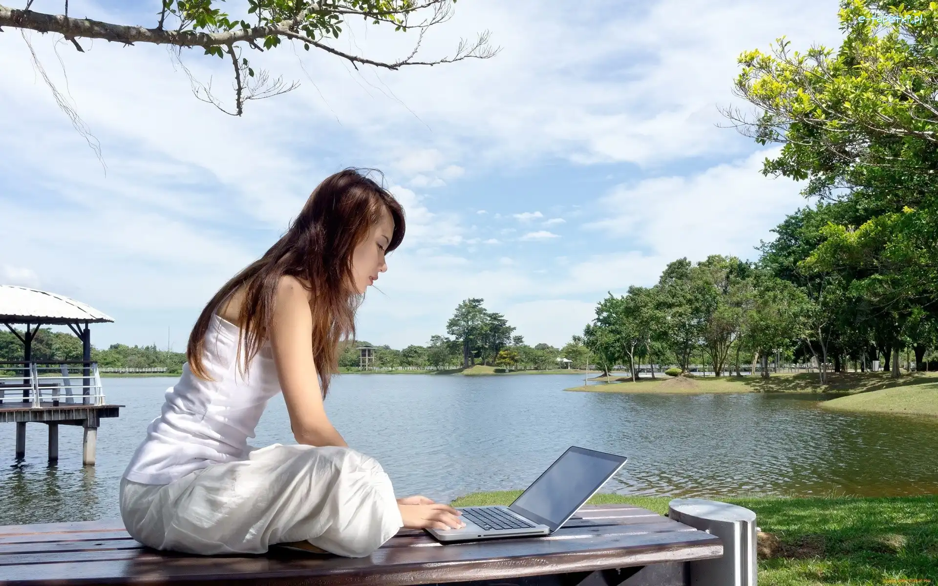 Laptop, Kobieta, Jezioro