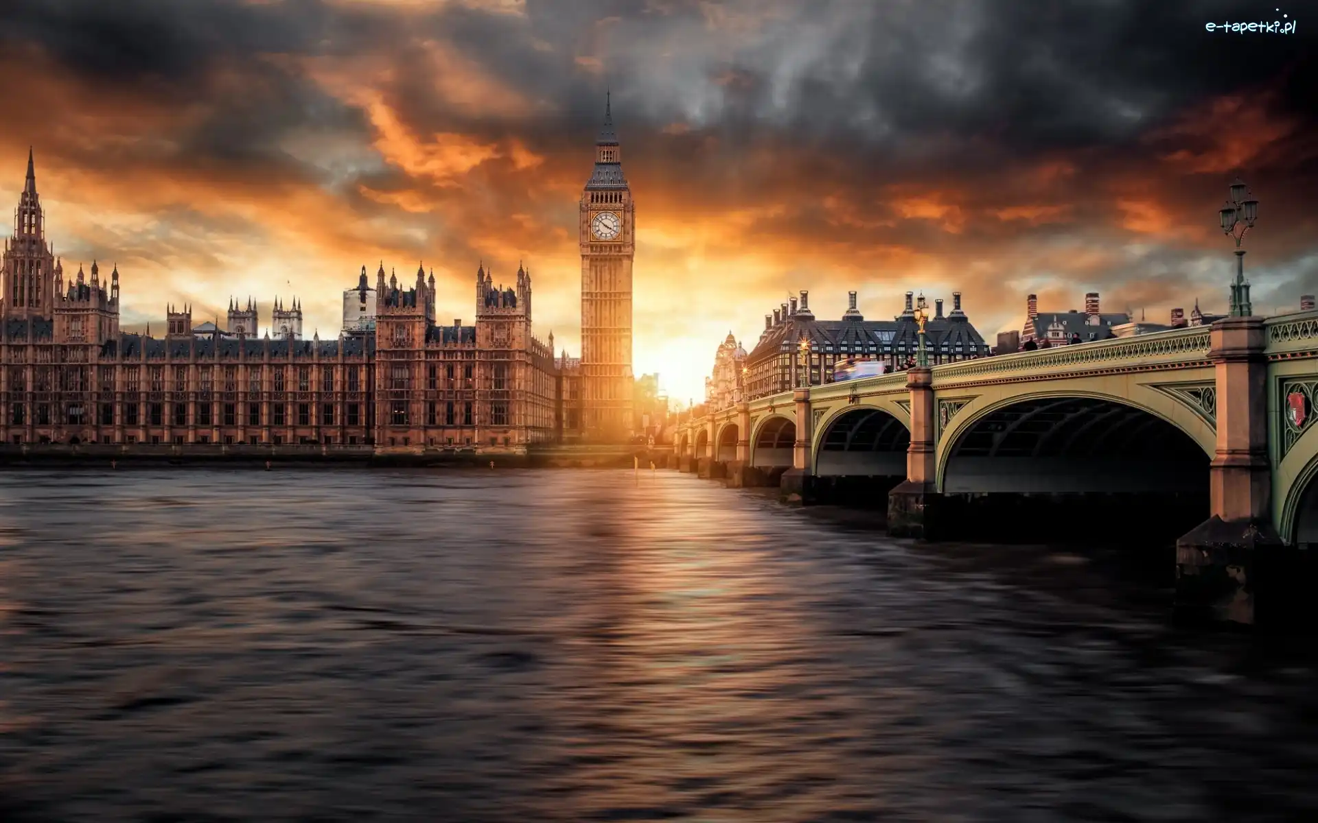 Big Ben, Rzeka Tamiza, Most Westminsterski, Zachód Słońca, Londyn, Anglia
