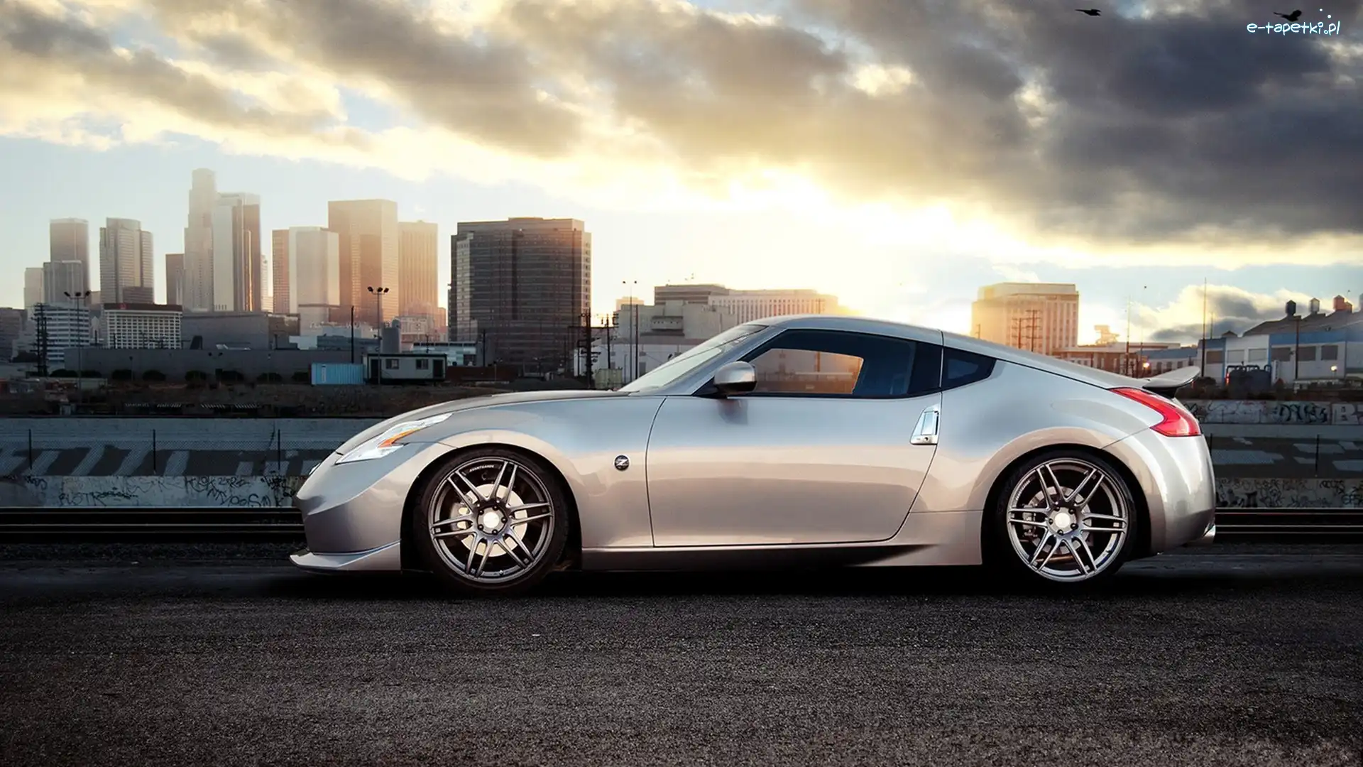 Samochód, Nissan 370z, Srebrny, Chmury, Miasto