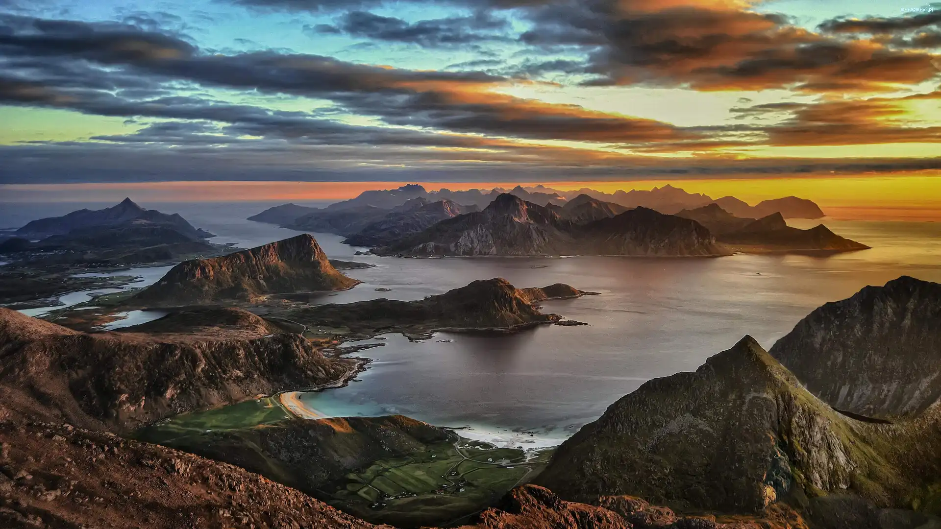 Lofoty, Archipelag, Norwegia, Niebo, Morze
