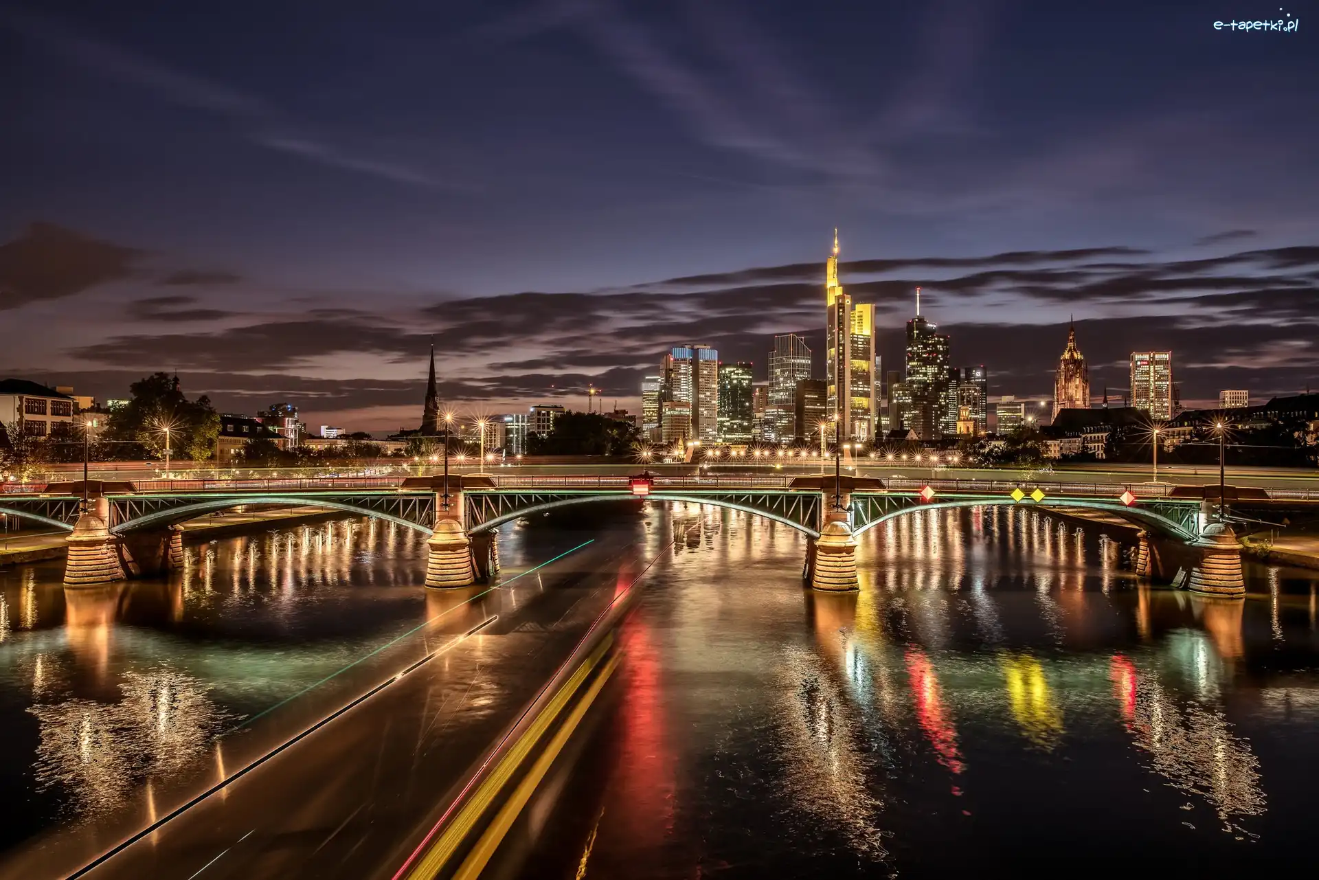 Miasto, Rzeka, Most, Noc, Frankfurt, Niemcy
