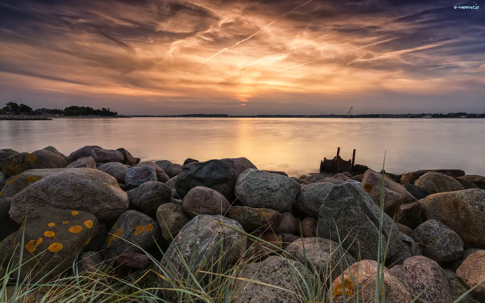 Zachód słońca, Niebo, Kamienie, Jezioro