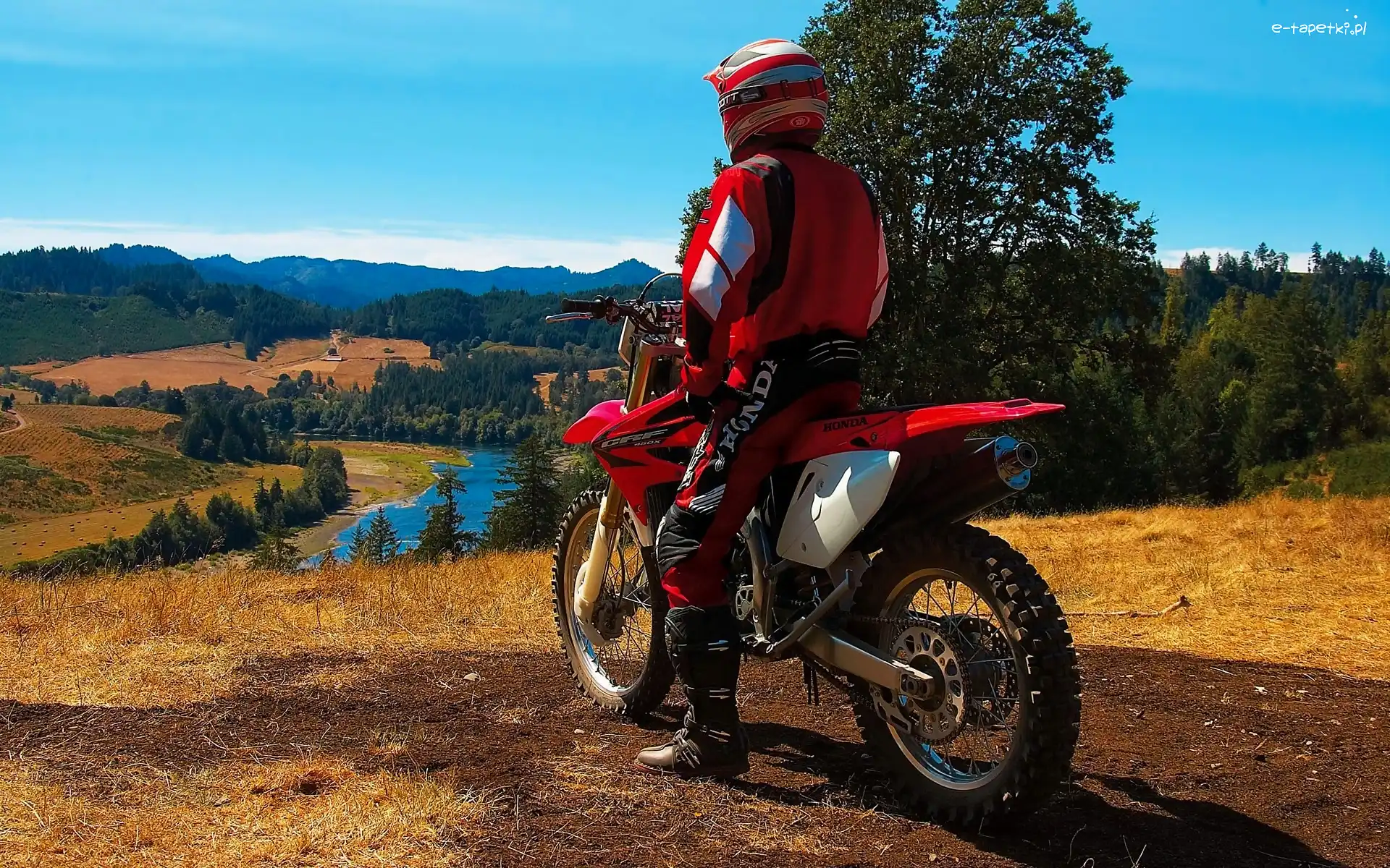 Motocyklista, Góry, Motocykl, Krajobraz, Rzeka