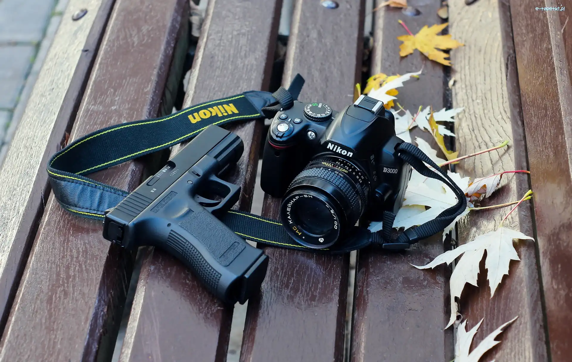 Ławka, Pistolet, Liście, Park, Fotograficzny, Aparat