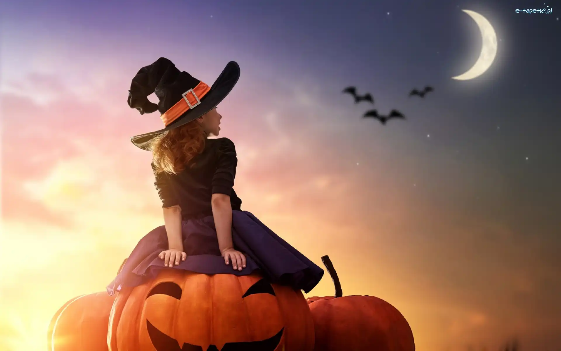 Halloween, Dynia, Dziewczynka, Księżyc, Nietoperze