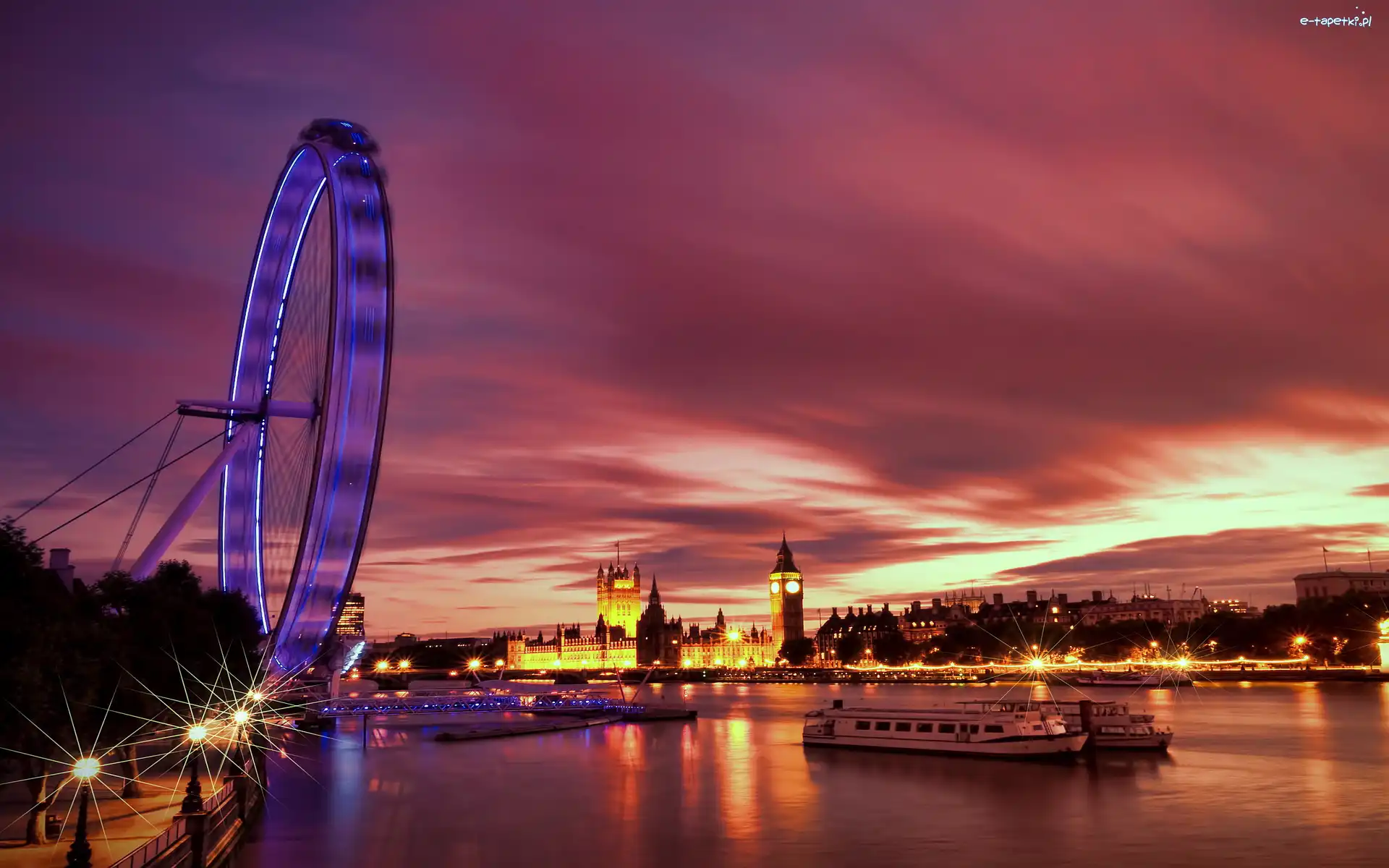 Londyn, Rzeka, London Eye, Światła, Wieczór