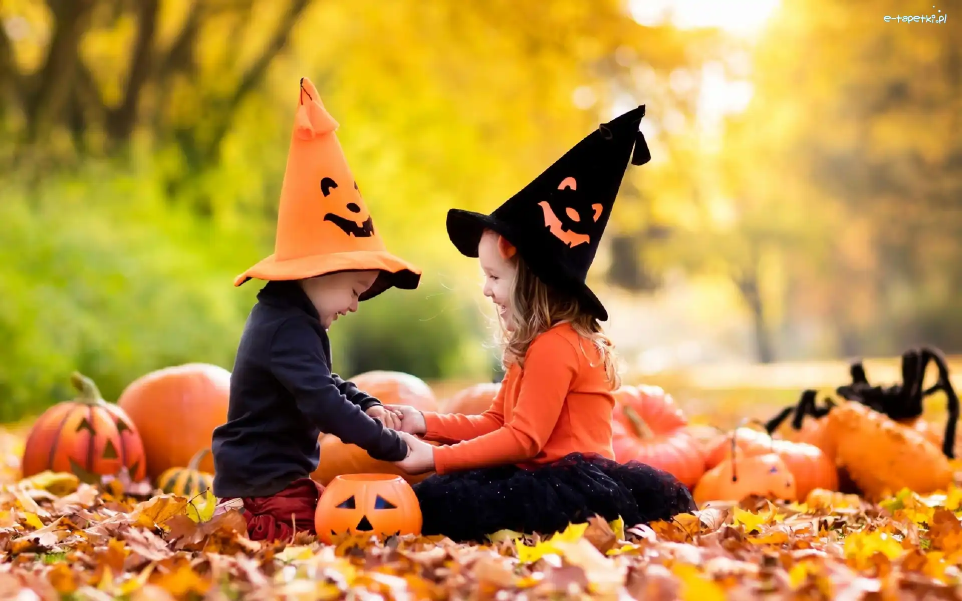 Liście, Dzieci, Czapki, Park, Jesień, Halloween, Dynie