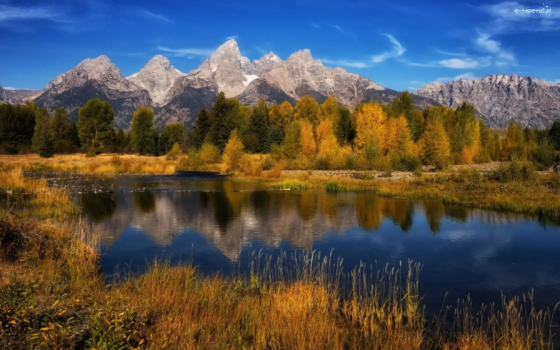 Park Narodowy Grand Teton, Rzeka, Stany Zjednoczone, Drzewa, Góry, Teton Range, Las, Jesień, Snake River, Wyoming