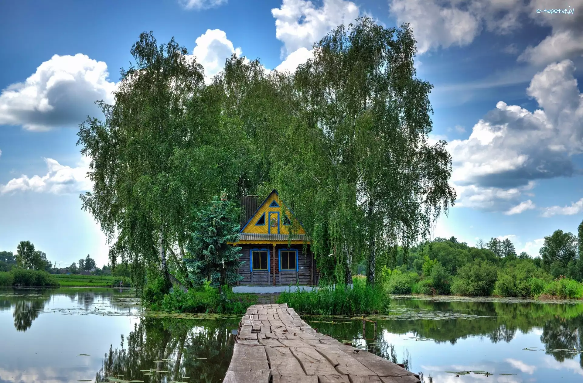 Jezioro, Dom, Drzewa, Odbicie, Pomost