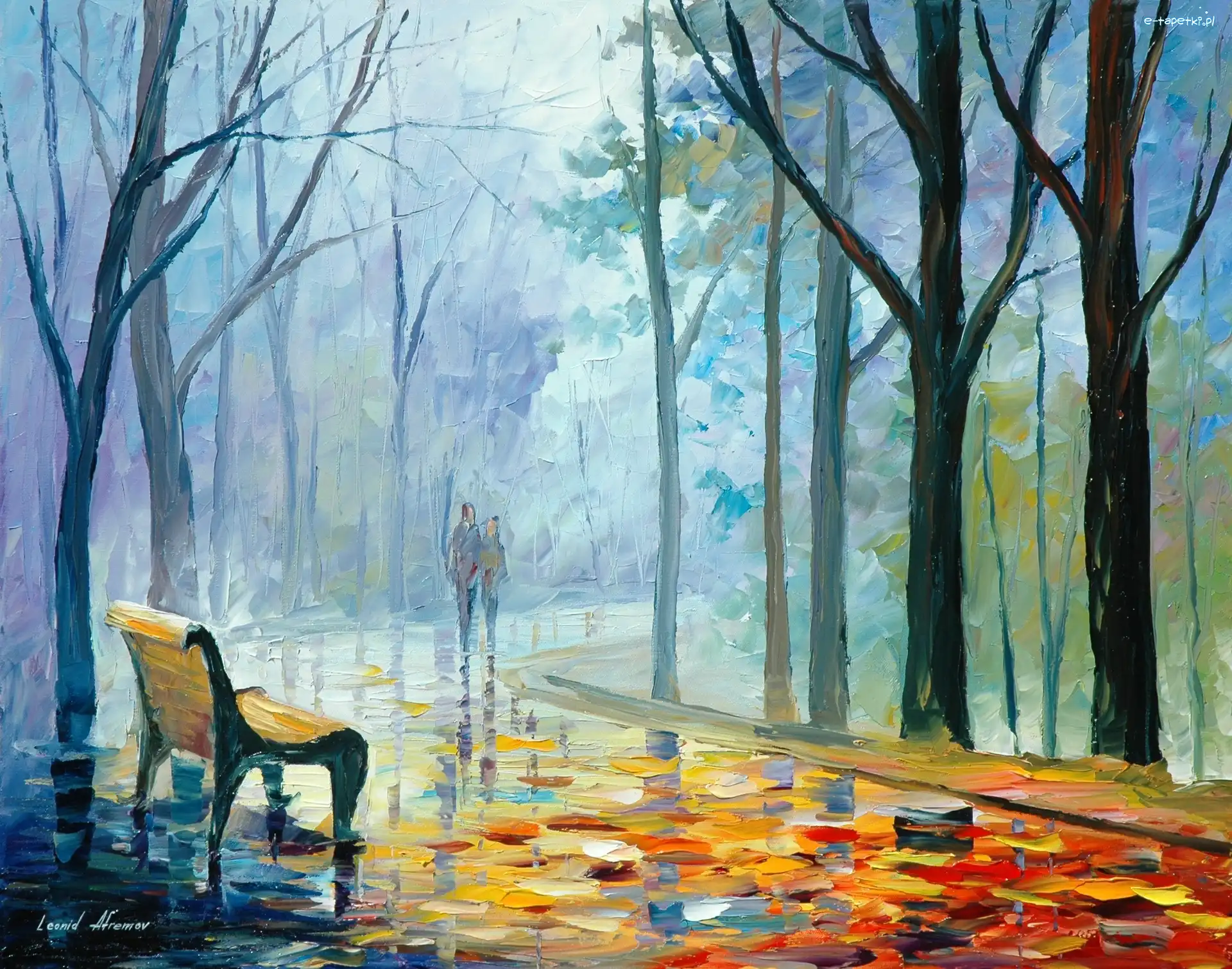Park, Spacer, Ławka, Obraz, Jesień