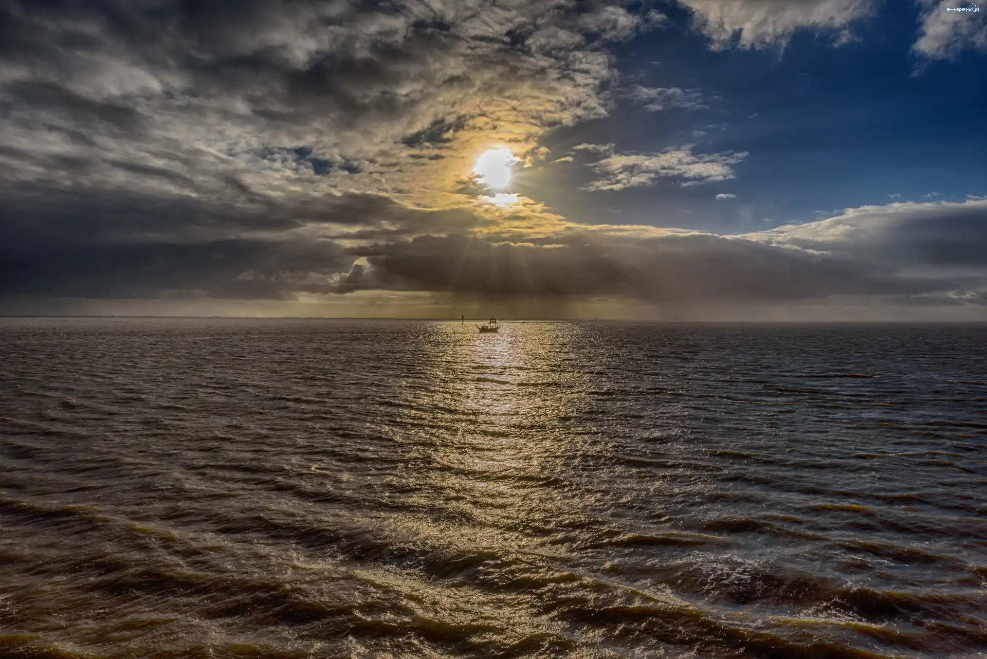 Fale, Statek, Słońce, Ocean